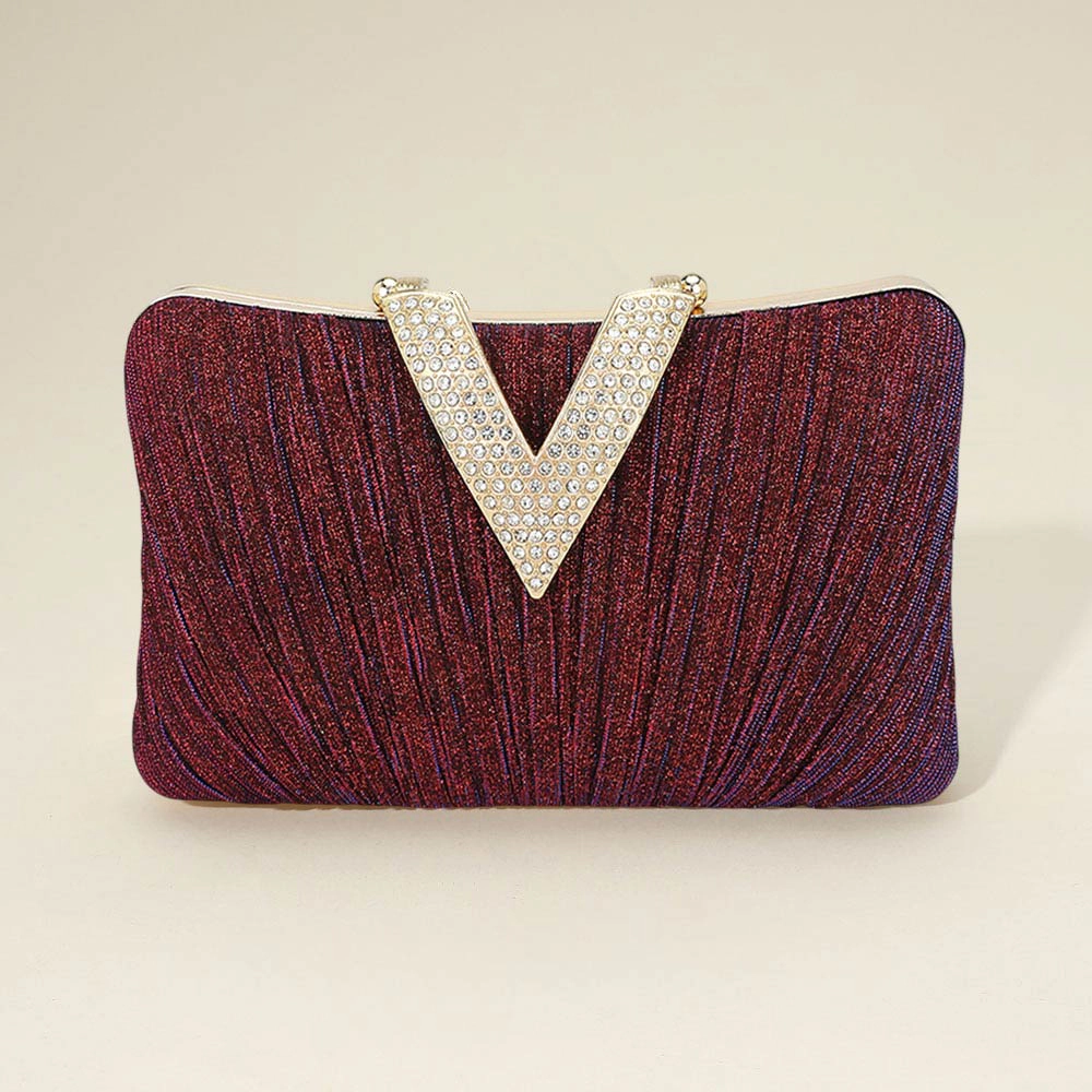 FASHNZFAB Sparkle Fabric Stone Paved V Fold Evening Clutch Crossbody Bag