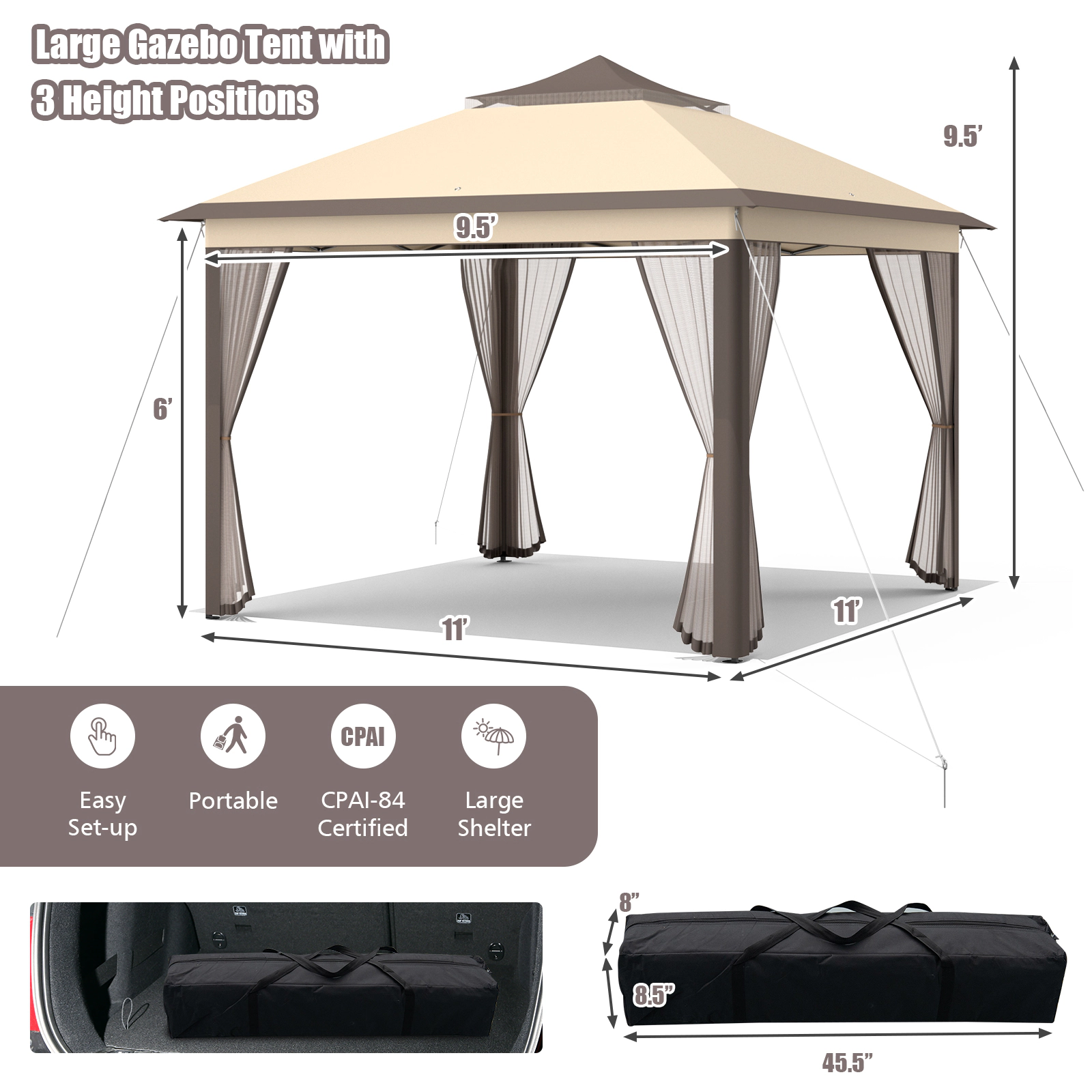SUGIFT 2-Tier Pop-Up Gazebo Tent Portable Canopy Shelter with Mesh Screens Carry Bag Brown/Beige