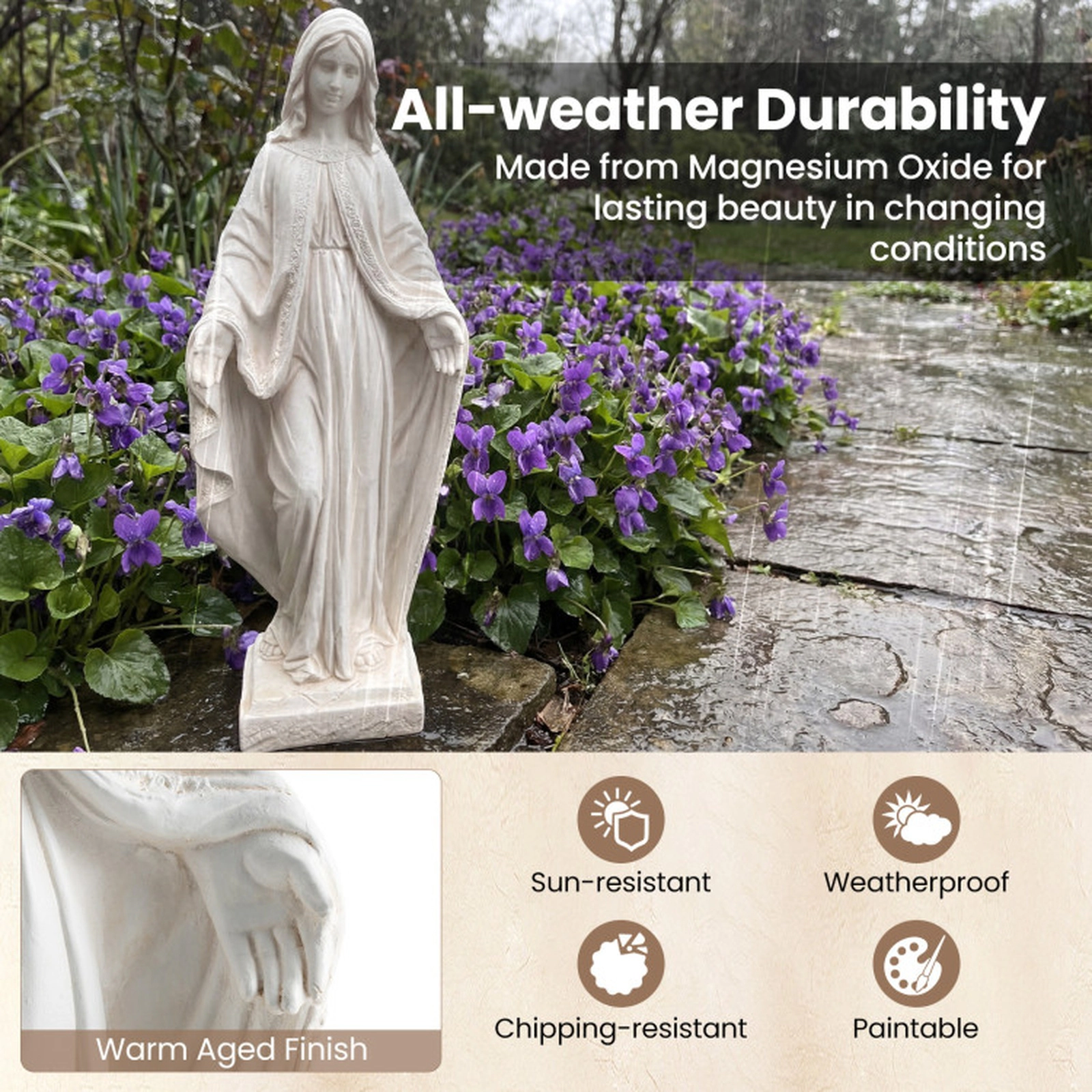 SUGIFT 31.5-in Virgin Mary Magnesium Oxide Fiber Statue with Aged Finish for Yard Patio 12-lb Net Weight White 8.5 x 8.5