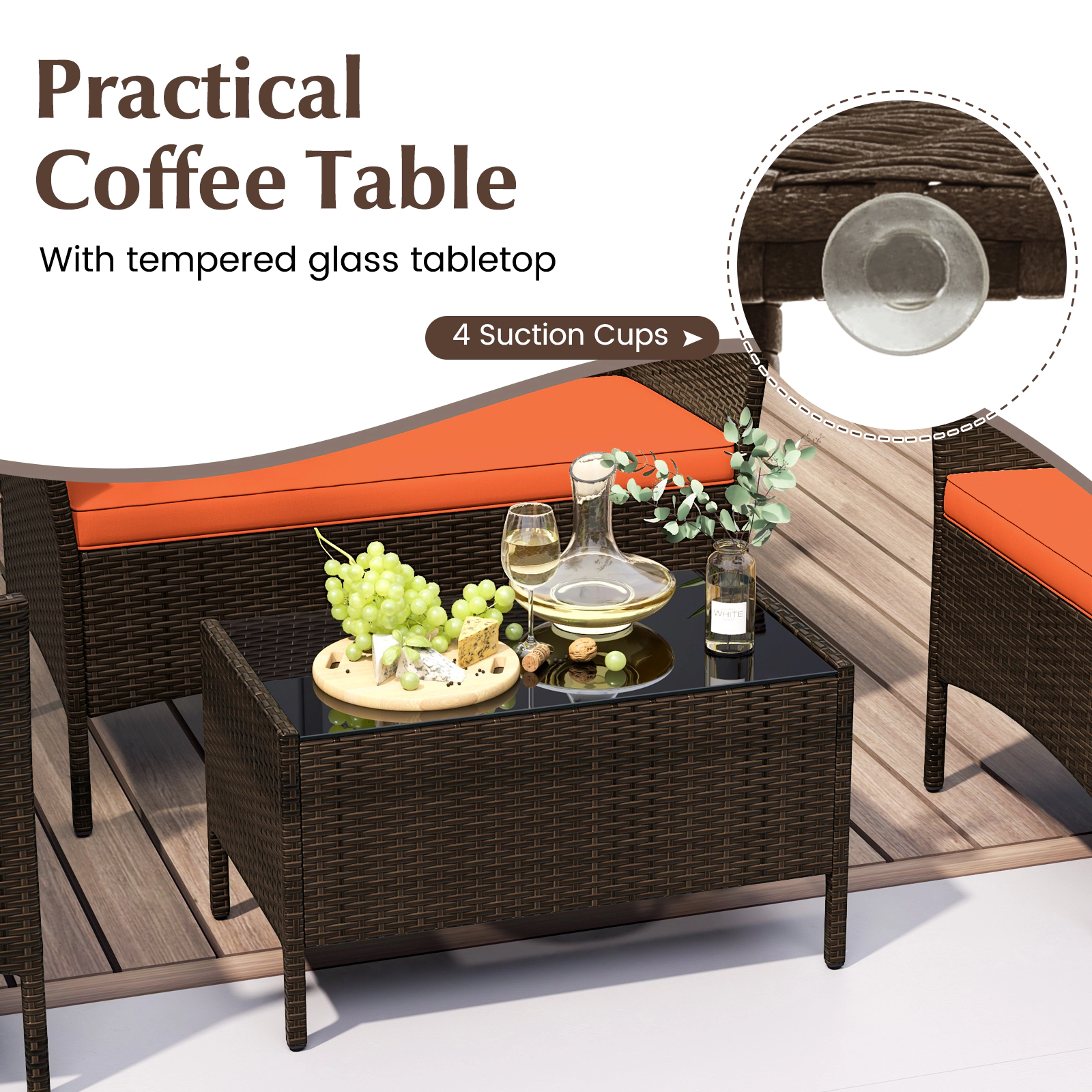 SUGIFT Patio Conversation Set with Cushions 800-lb Loveseat 400-lb Chair Capacity Mix Brown Rattan Orange Cushions