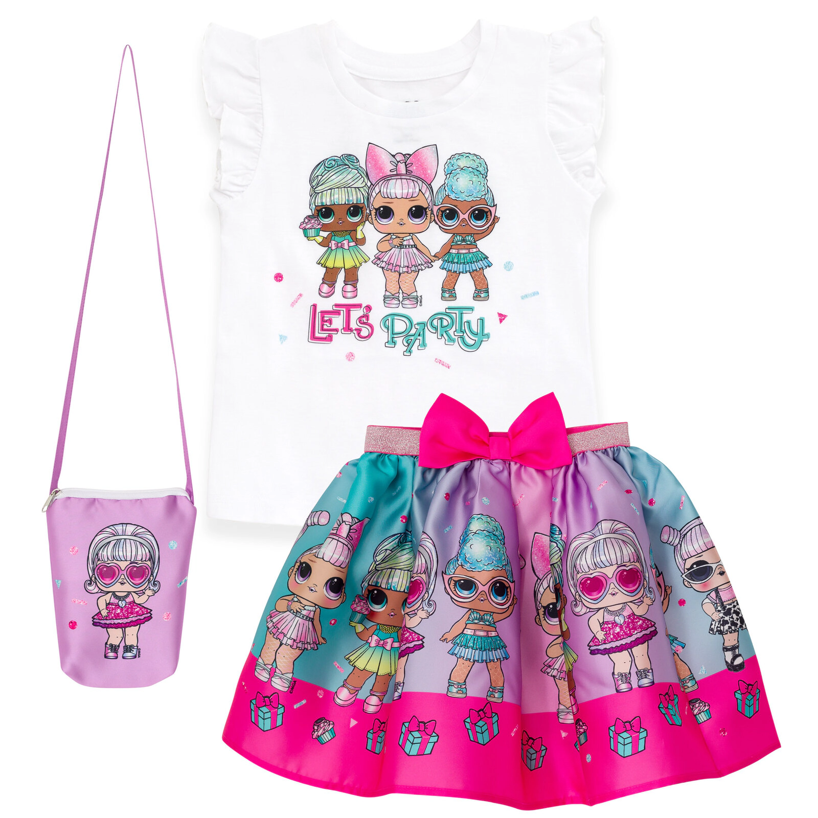L.O.L. Surprise! Girls' T-Shirt and Satin Skirt Set with Bag