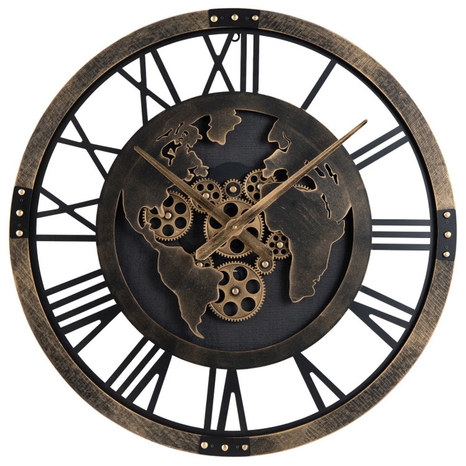 SUGIFT 27-in Oversized Brown Metal Gear Wall Clock with World Map and Non-Ticking Quartz Movement