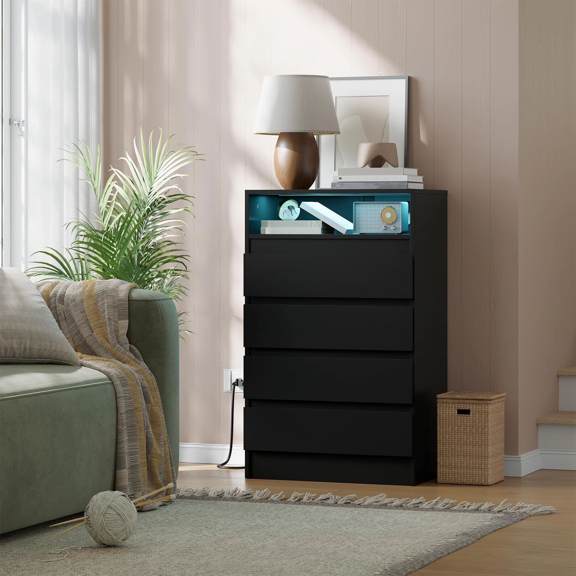 4 Drawer Dresser with Charging Station & LED Lights, Modern Chest Power Outlets for Bedroom