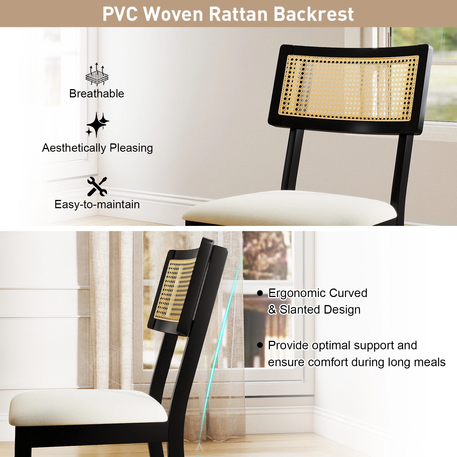 LJG Rattan Dining Chairs Set of Fabric Upholstered Kitchen Chairs with Padded Seat and Rubber Wood Legs