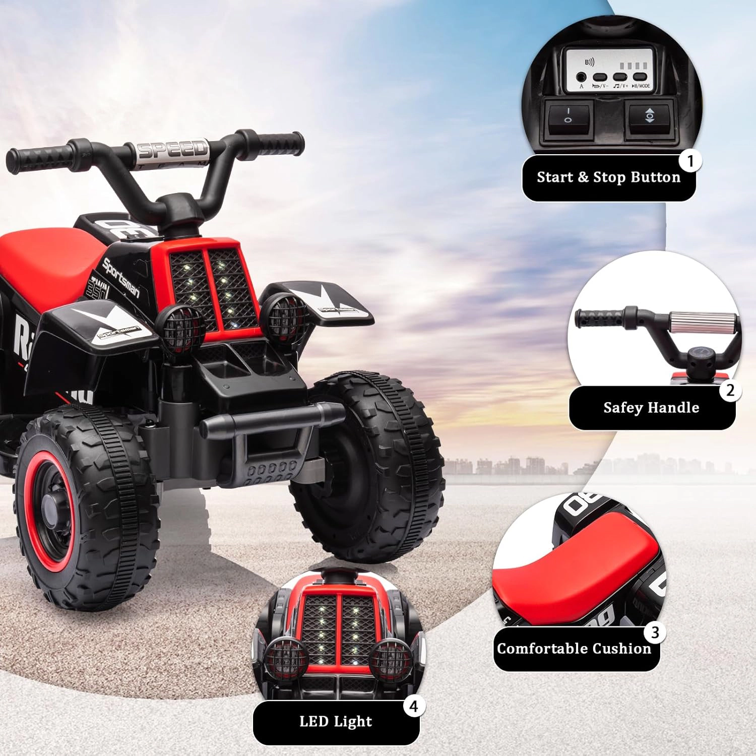 Enjyam 6V Kids Ride On ATV Quad Car, Electric 4-Wheeler w/1.76MPH Speed, Music, LED Lights, Push-Button Start