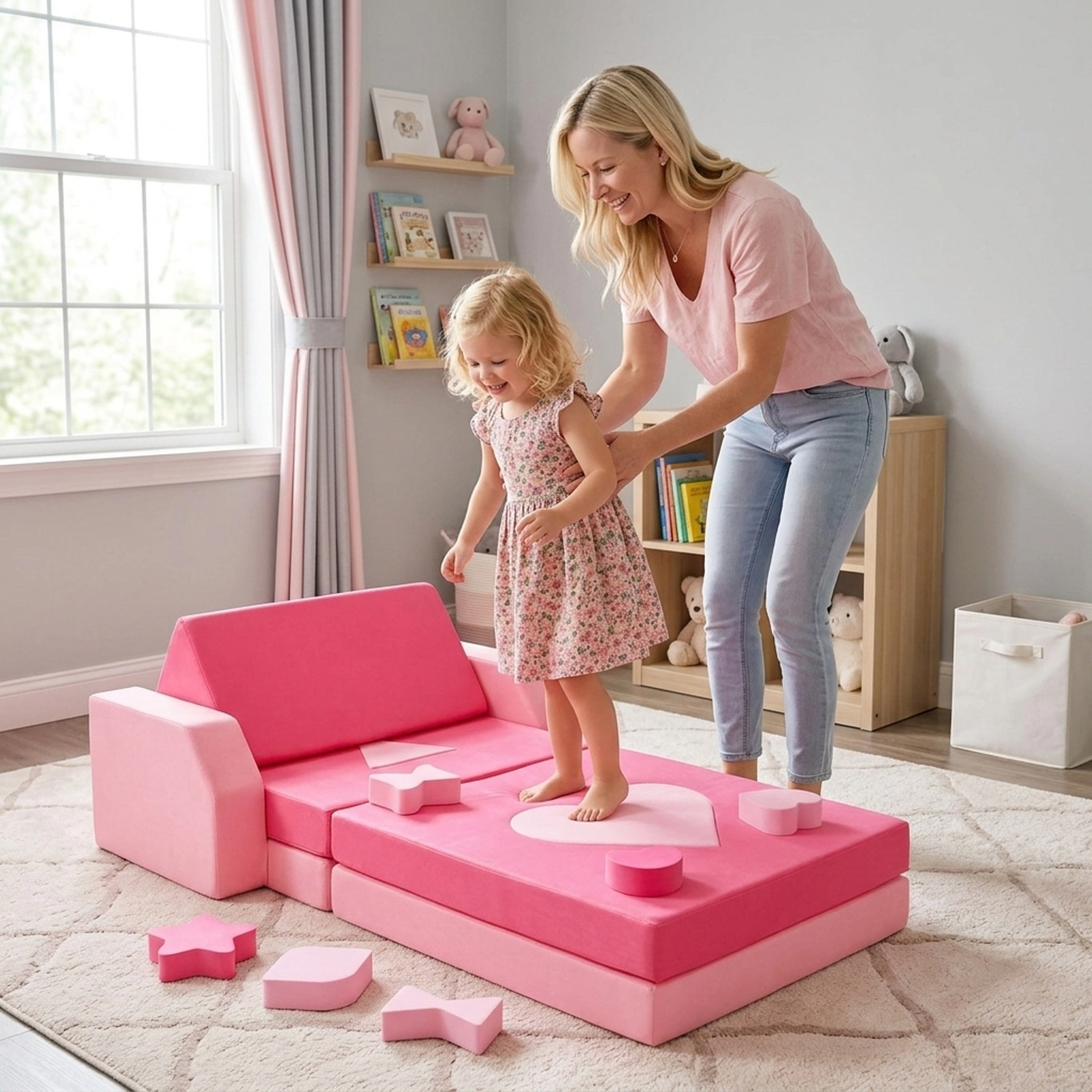 SUGIFT 14-Piece Kids Modular Foam Play Couch, Climbing Blocks, Soft Pink