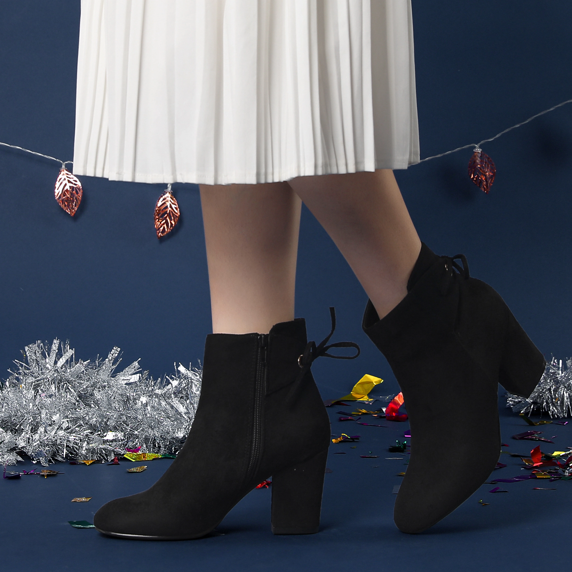 BLISSFUL STEP Women's Round Toe Back Tie Chunky Heels Ankle Boots