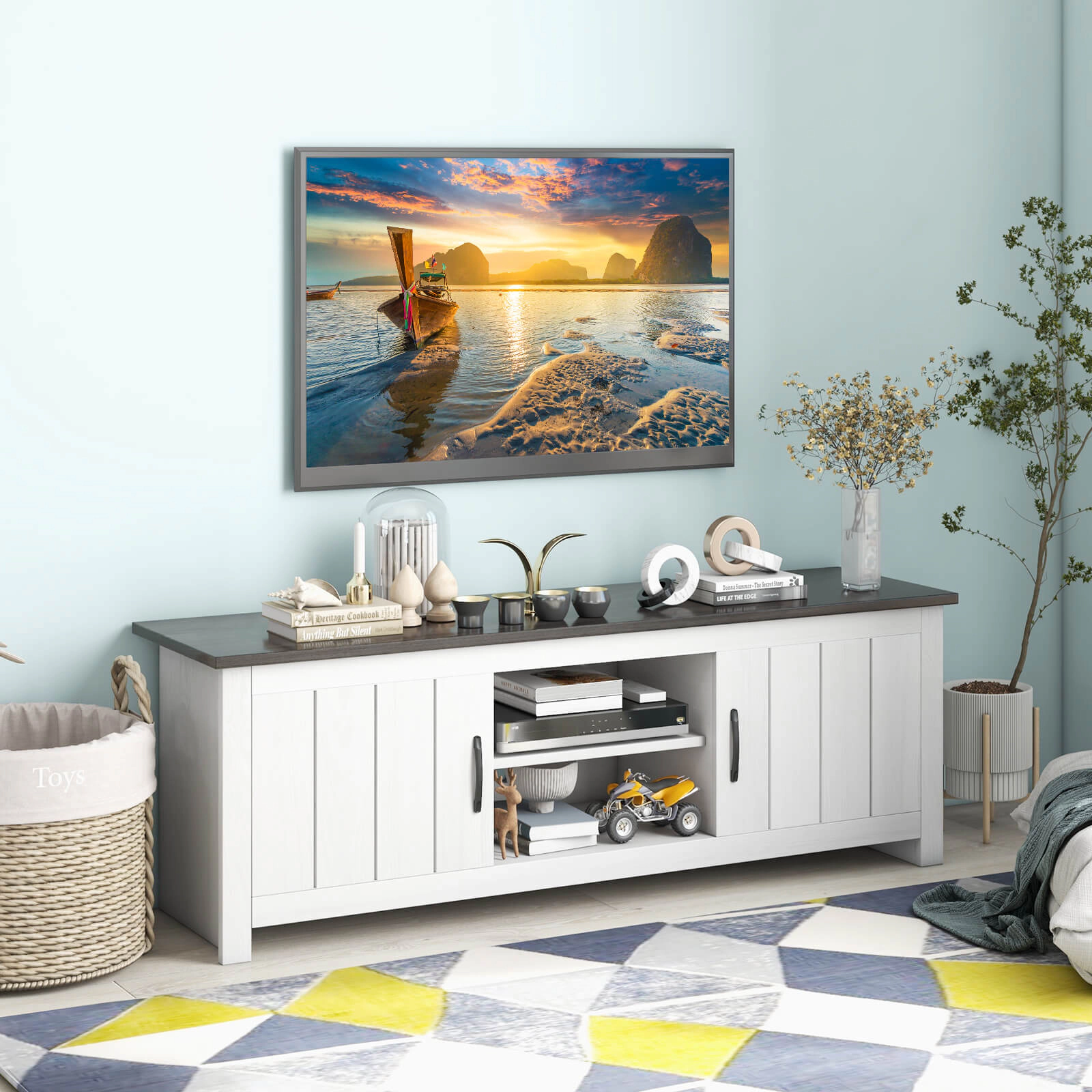 Glintex 57-Inch TV Stand with 2 Cabinets and Open Shelves