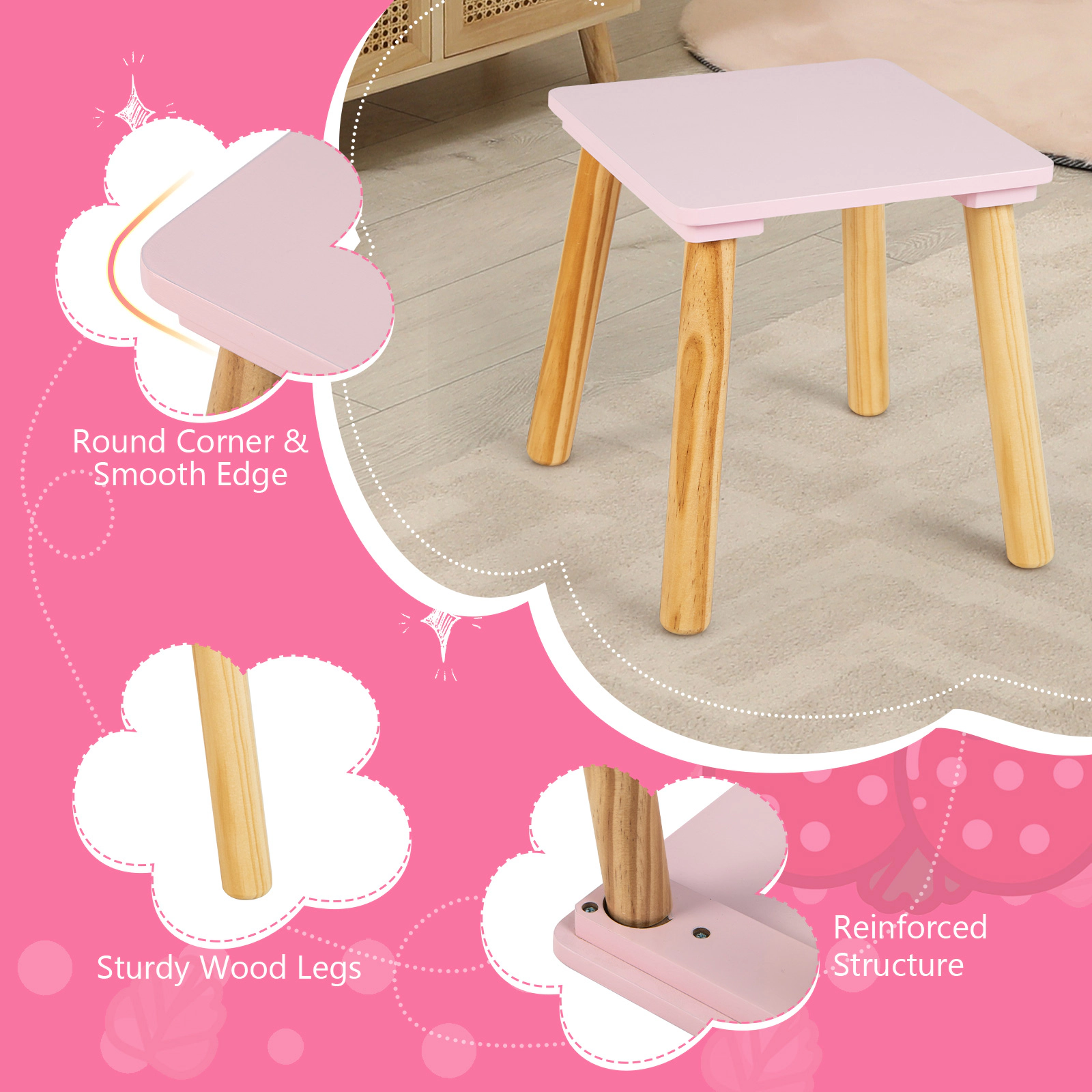SUGIFT Pink Kids Vanity Table and Stool Set, 2-in-1 Desk with Removable Strawberry Mirror
