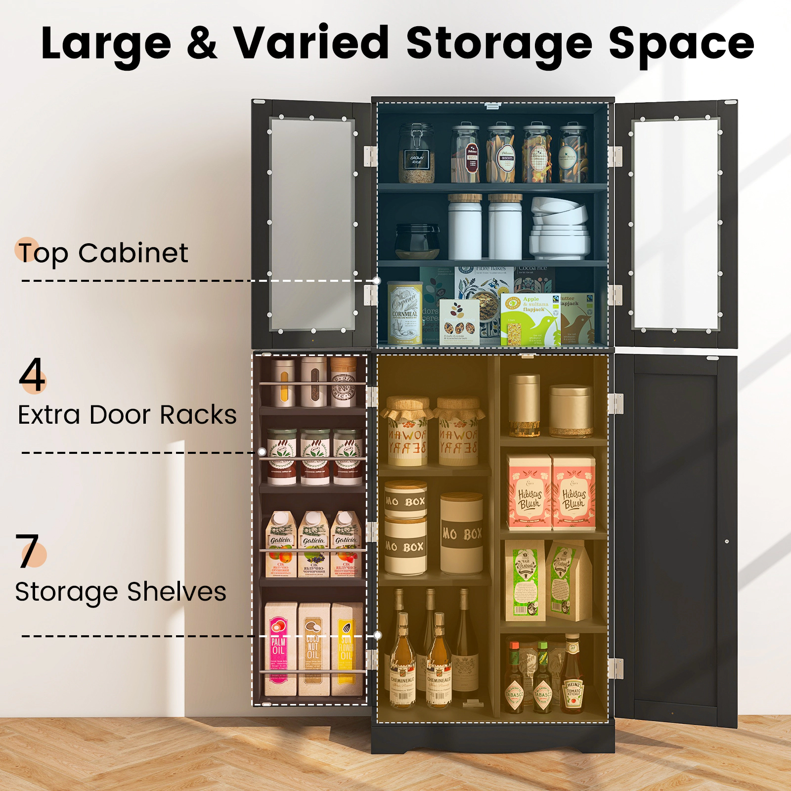 Glintex 63.5-Inch Pantry Cabinet with Tempered Glass Doors and 4 Door Racks, Black
