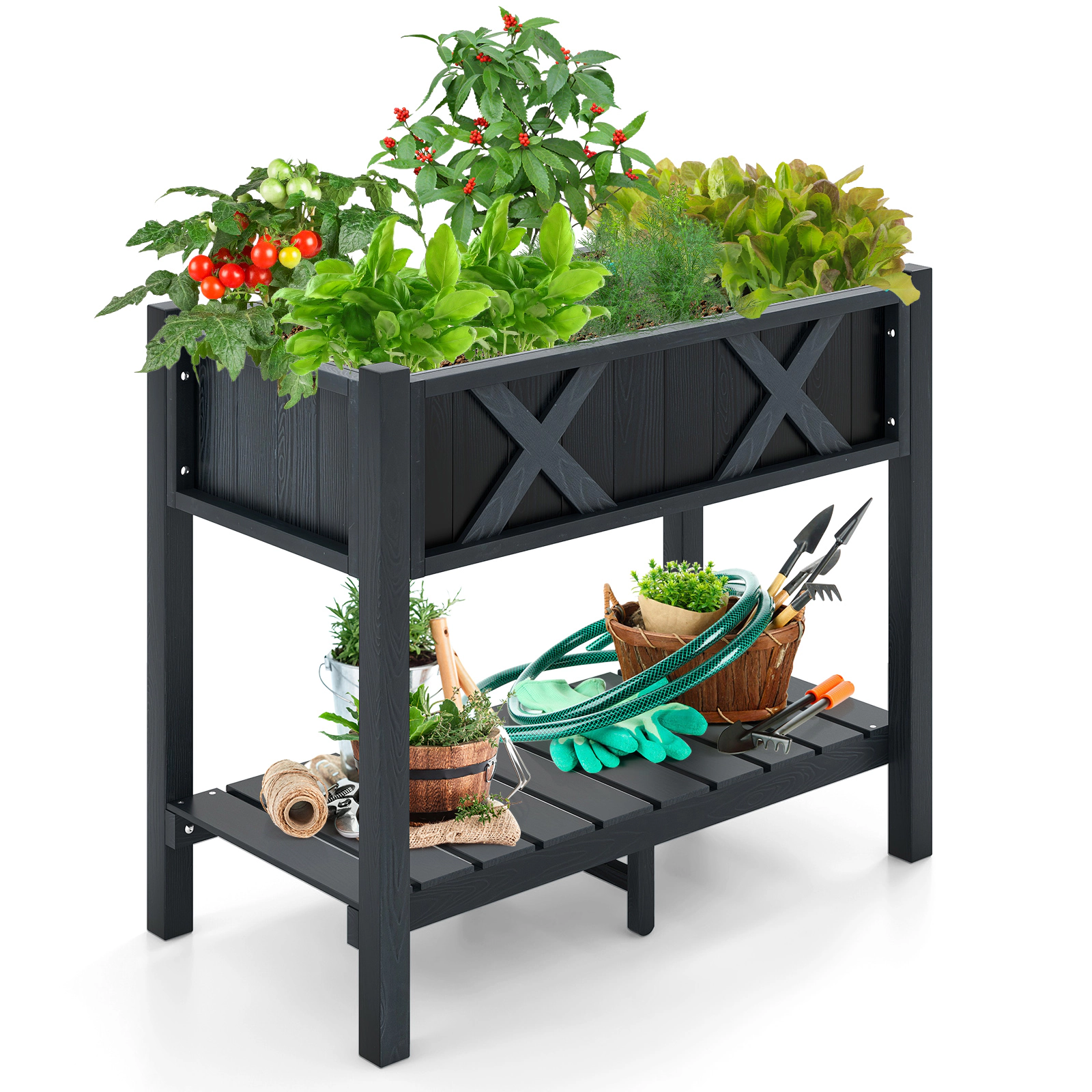 SUGIFT Black Poly Wood Raised Garden Bed with Bottom Storage Shelf 34-in W 18-in D 29-in H 110-lb Box Capacity