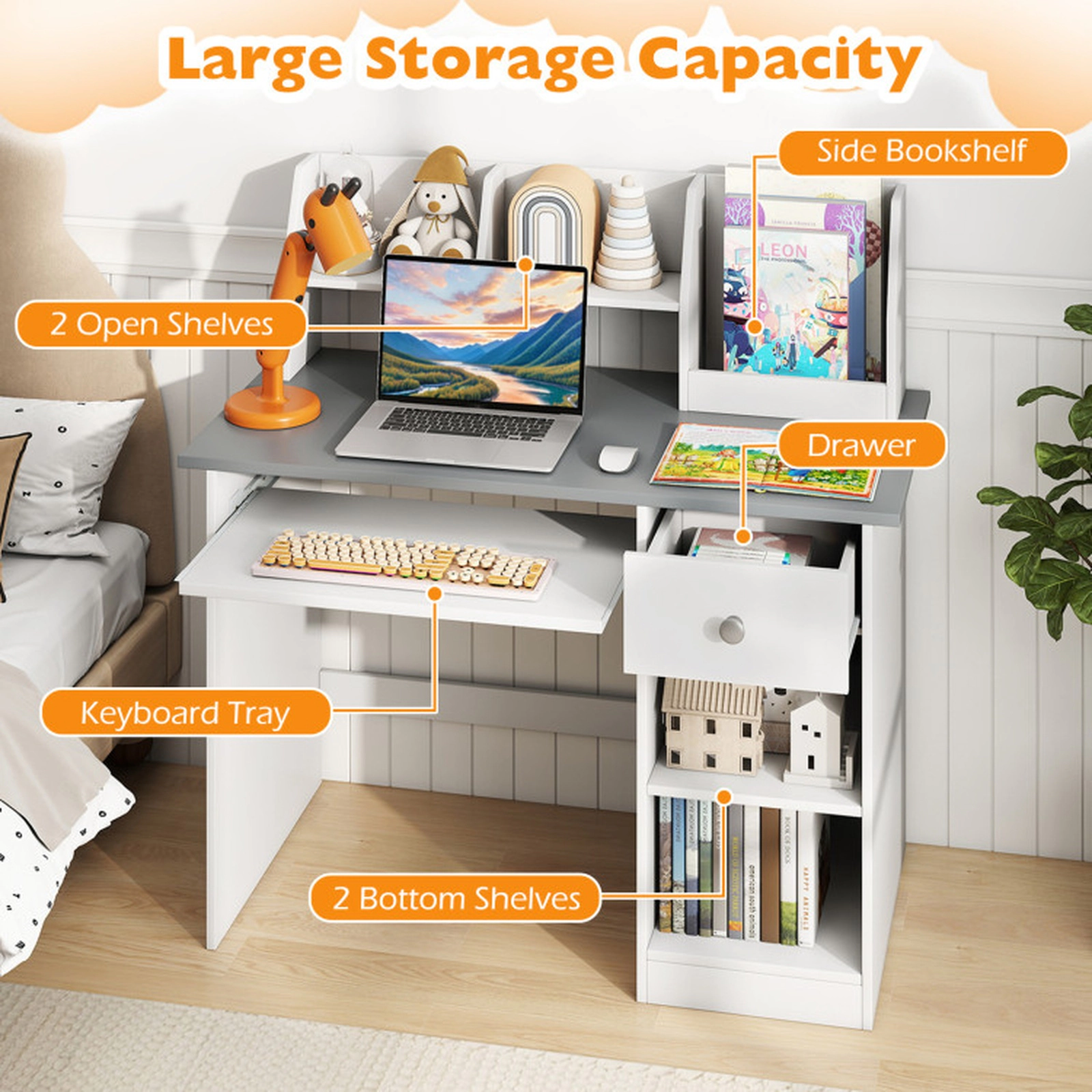 SUGIFT Kids Study Desk with Hutch Drawer Shelves & Keyboard Tray 200-lb Capacity Ages 3-6 Table & Chair Set White & Gray