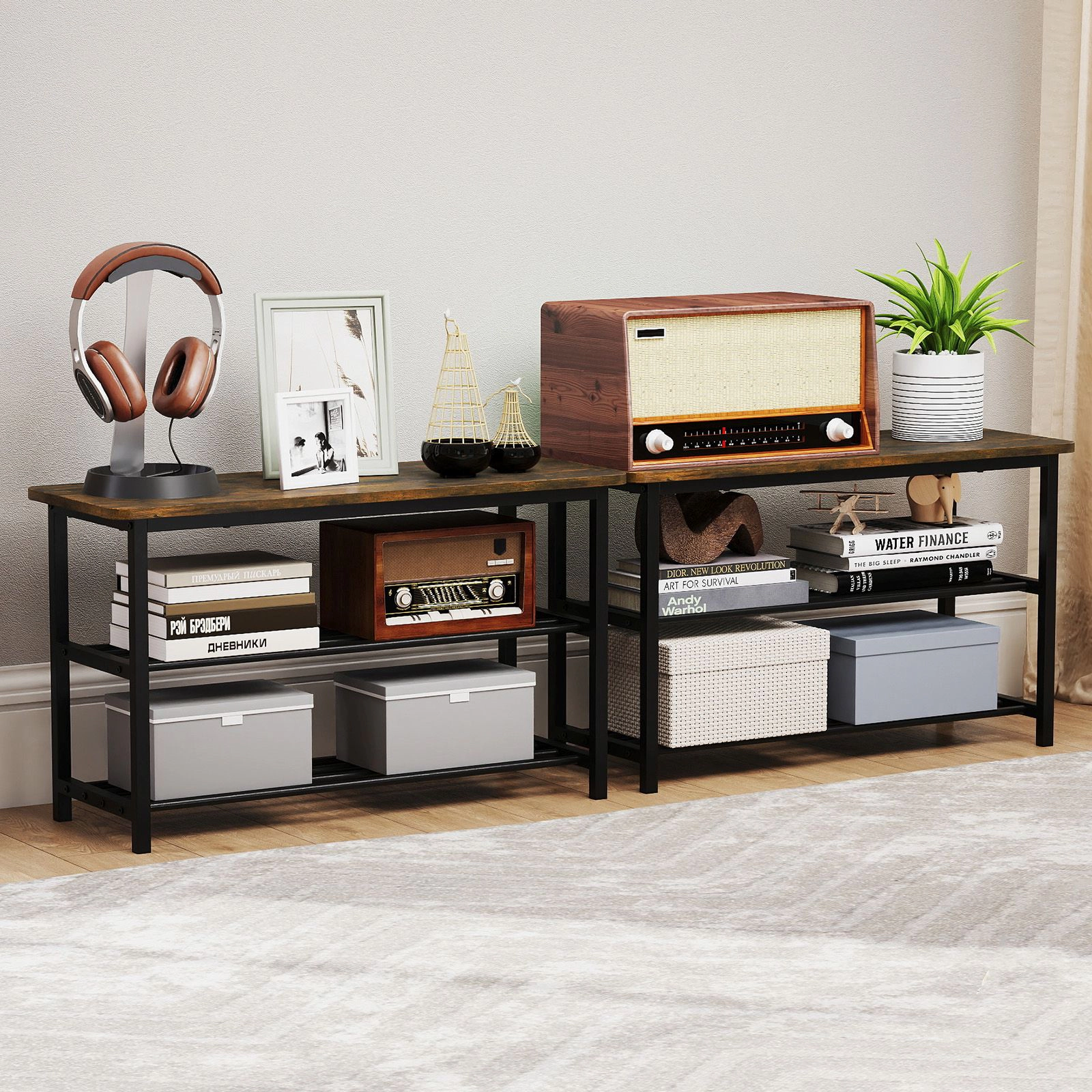 SlickBlue 3 Tier Shoe Rack Bench with Wooden Seat and Metal Shelves