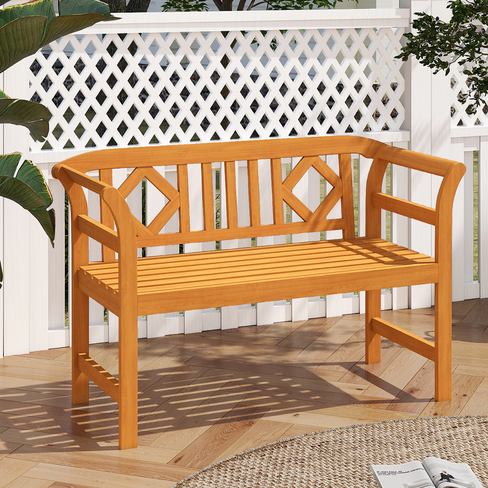 LJG Acacia Wood 2-Person Patio Loveseat with Backrest and Armrests for Porch