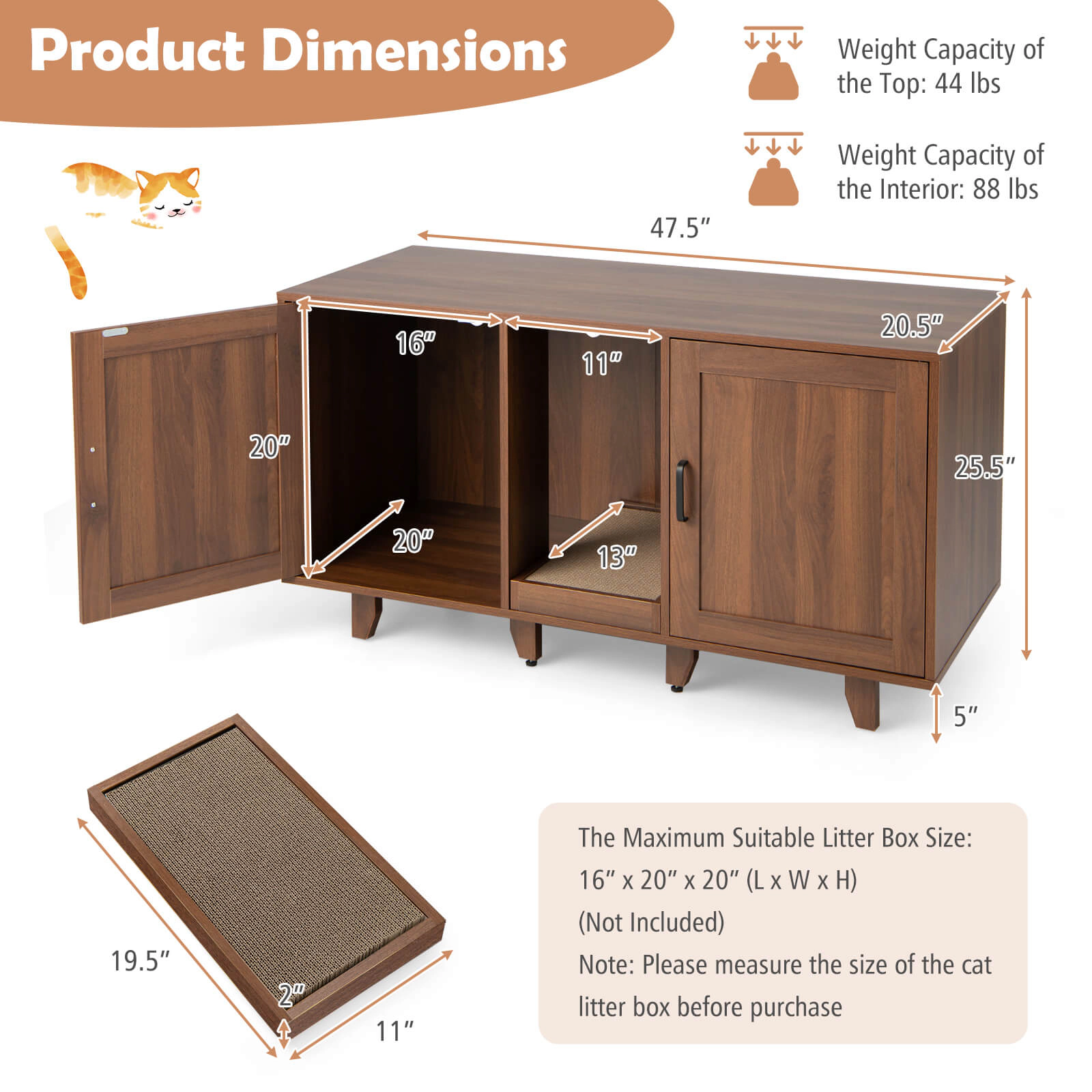 SUGIFT Brown 2-Door Cat Litter Box Enclosure with Winding Entry 47.5-in W 20.5-in D 25.5-in H 44-lb Top Capacity