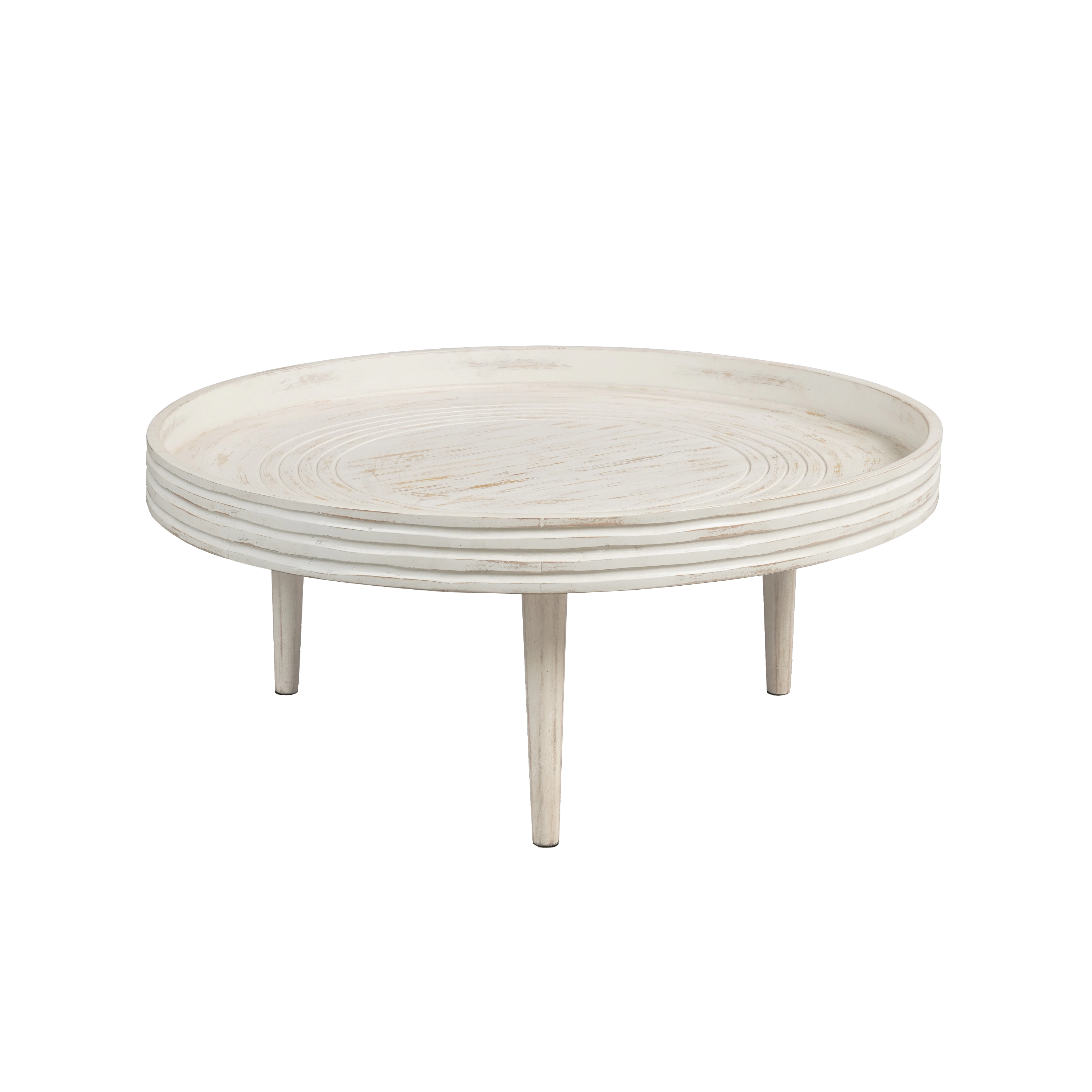 The Urban Port 33 Inch Coffee Table, Solid Mango Wood, Handcrafted Round Grooved Raised Edge, Distressed White