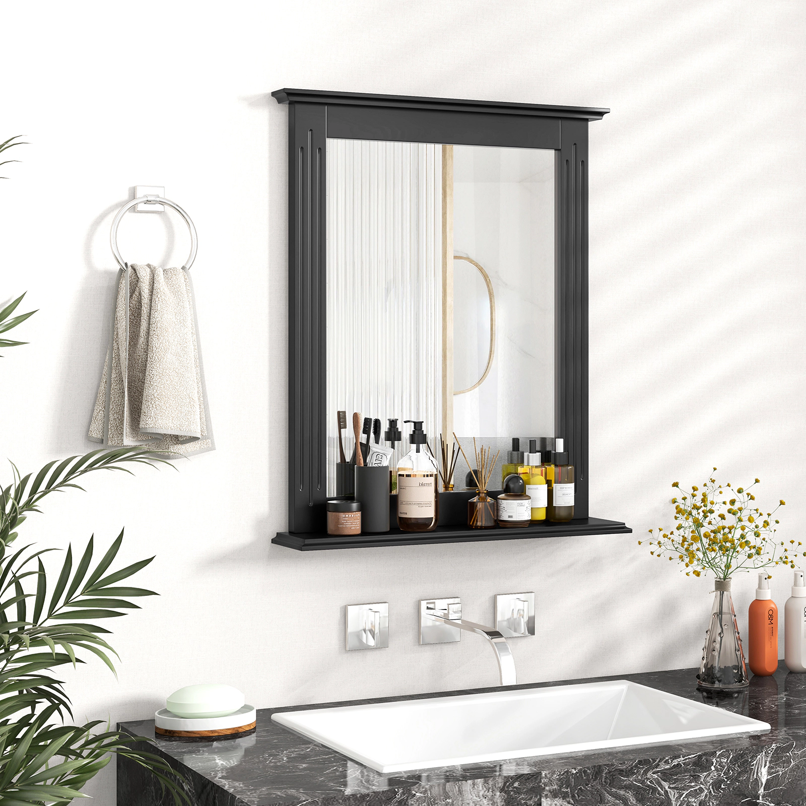 SUGIFT Wall-Mounted Vanity Mirror Black with Storage Shelf for Bathroom