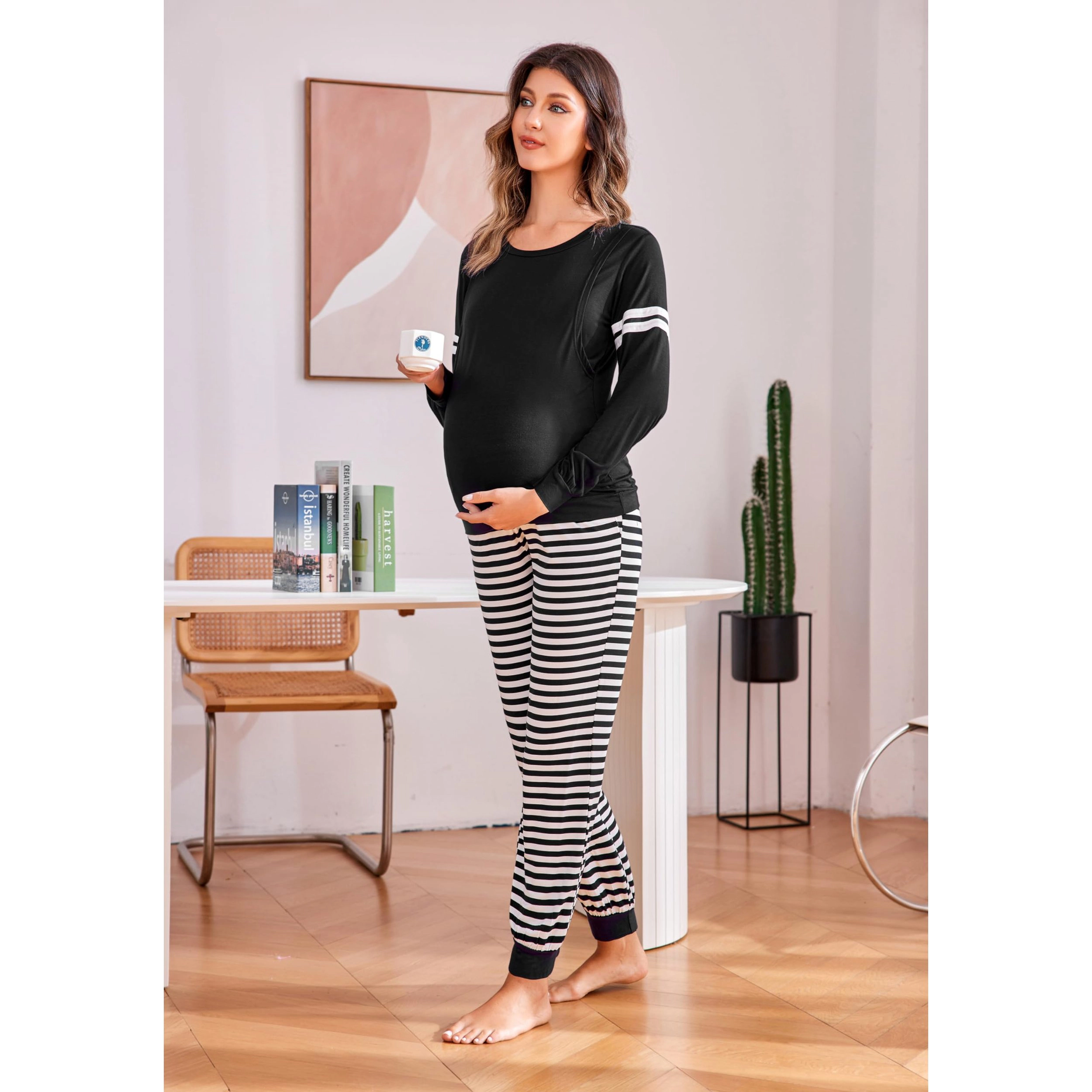 Ekouaer Maternity Pajama Set Nursing Pjs Women Breastfeeding Pregnancy Long Sleeve Top & Pant