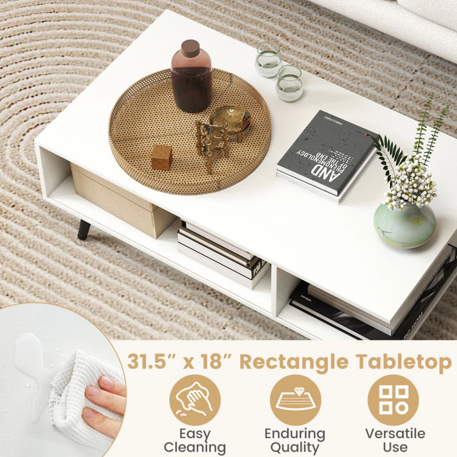 SUGIFT 110-lb Capacity Mid Century Modern White Rectangle Coffee Table with 2 Open Compartments