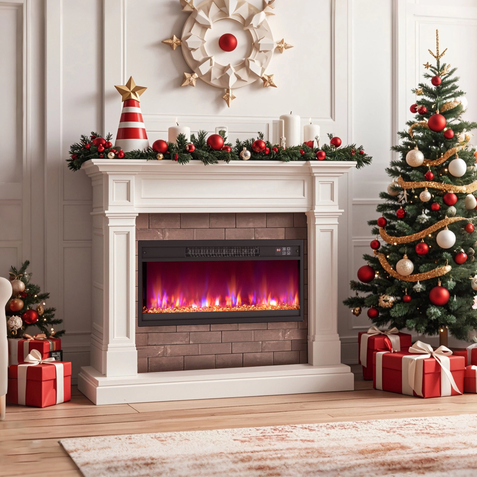 SUGIFT 1500W Electric Fireplace Insert 5120 BTU with Thermostat and Remote Control 400-sq.ft Heating Range Black