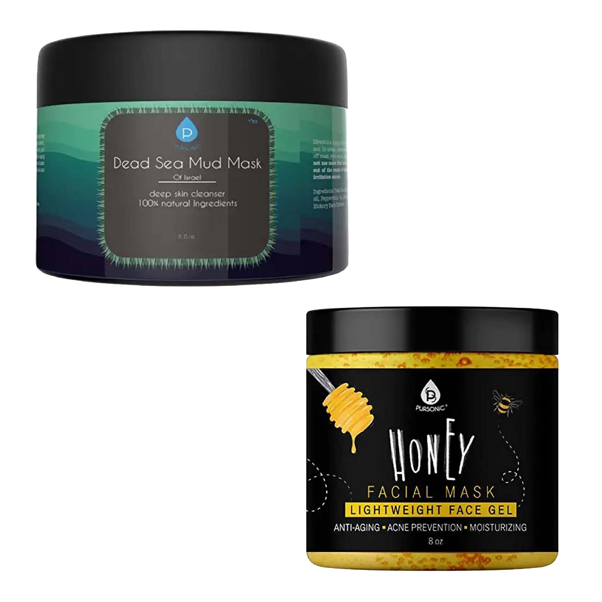 Pursonic Unisex Natural Skincare Treatment Bundle – Dead Sea Mud Mask & Honey Hydrating Facial Mask Set