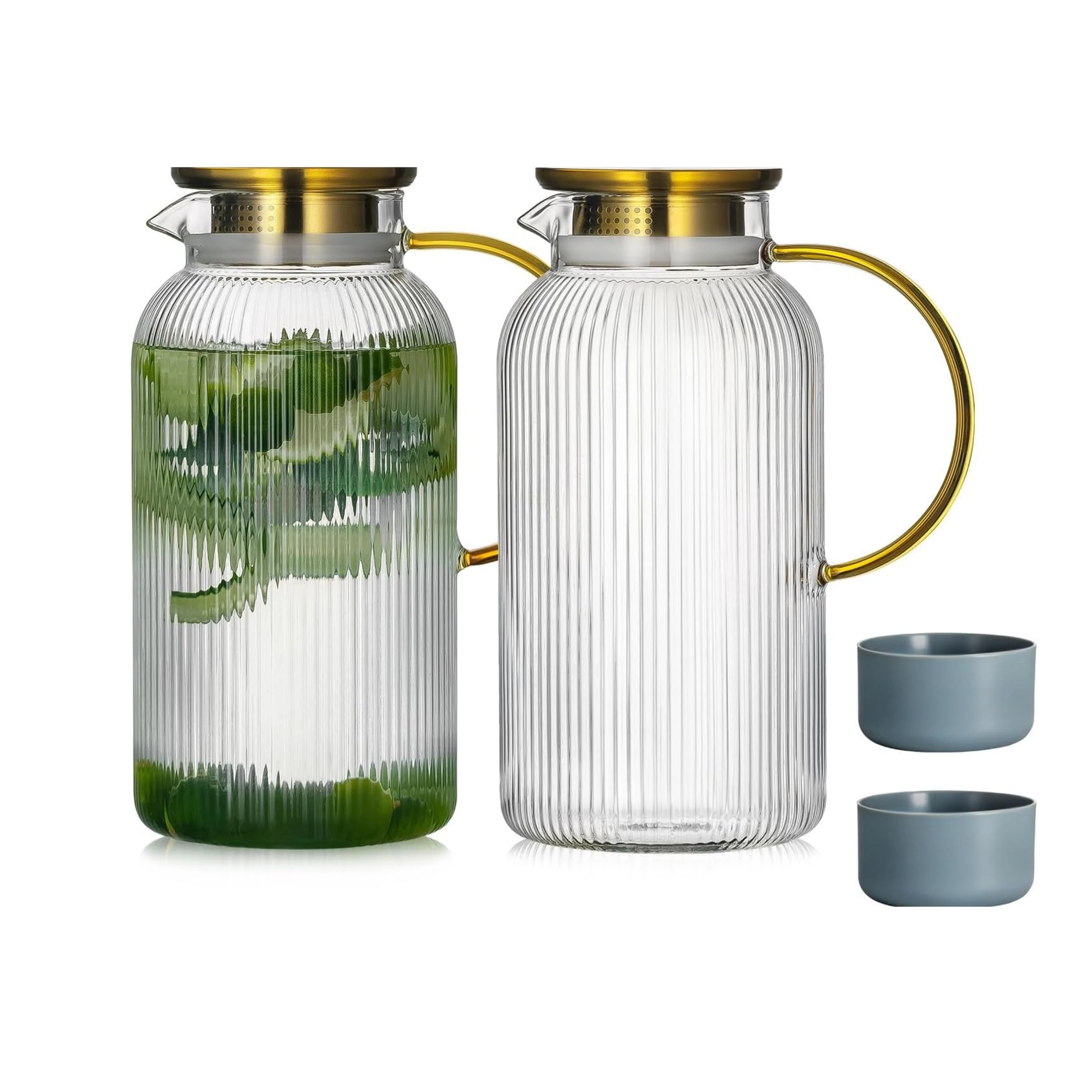 Stock Preferred Pack of 2 68 oz Striped Glass Pitchers with Lids and Silicone Bases
