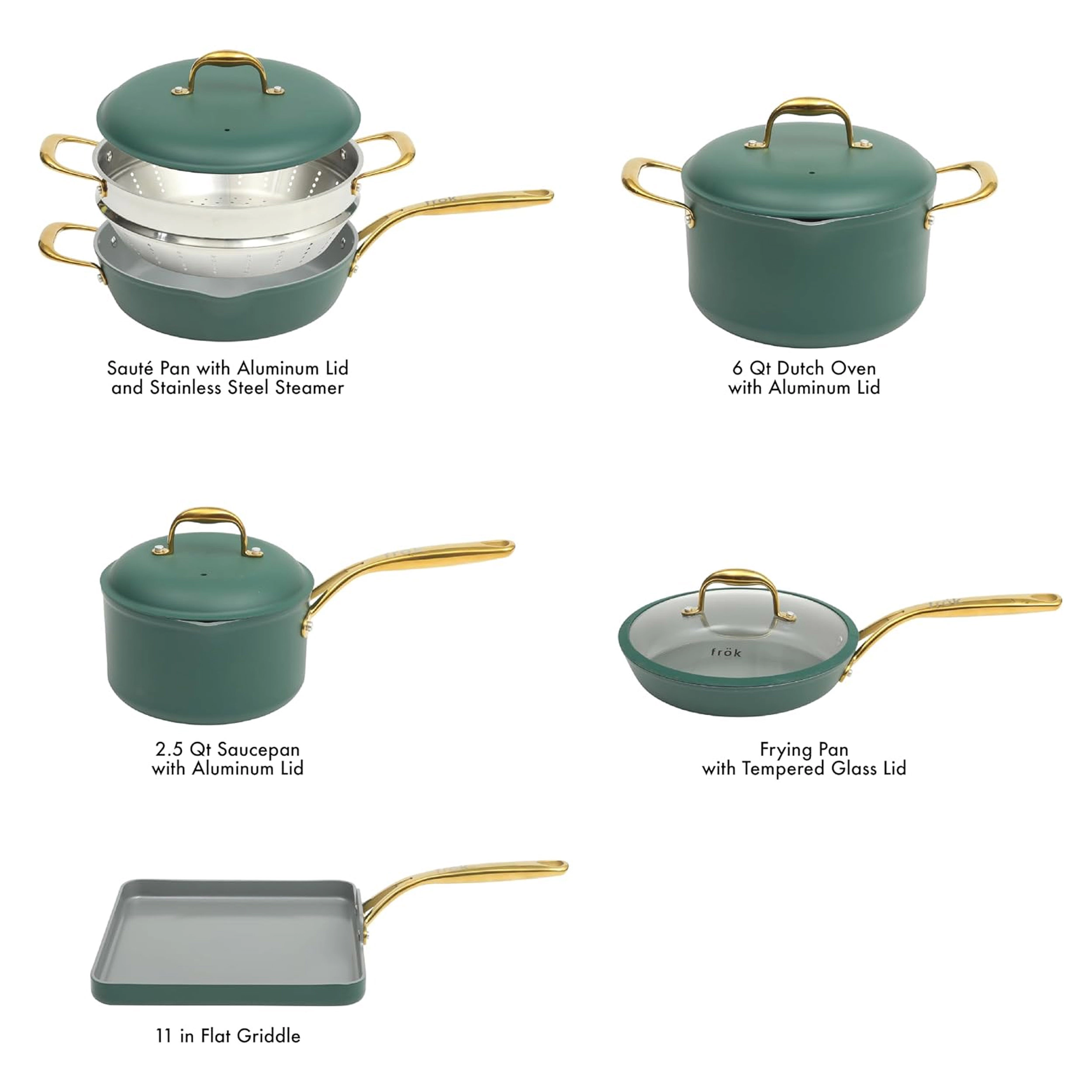 Frok 10 Piece Cearmic Nonstick Aluminum Cookware Set in Green with Gold Handles