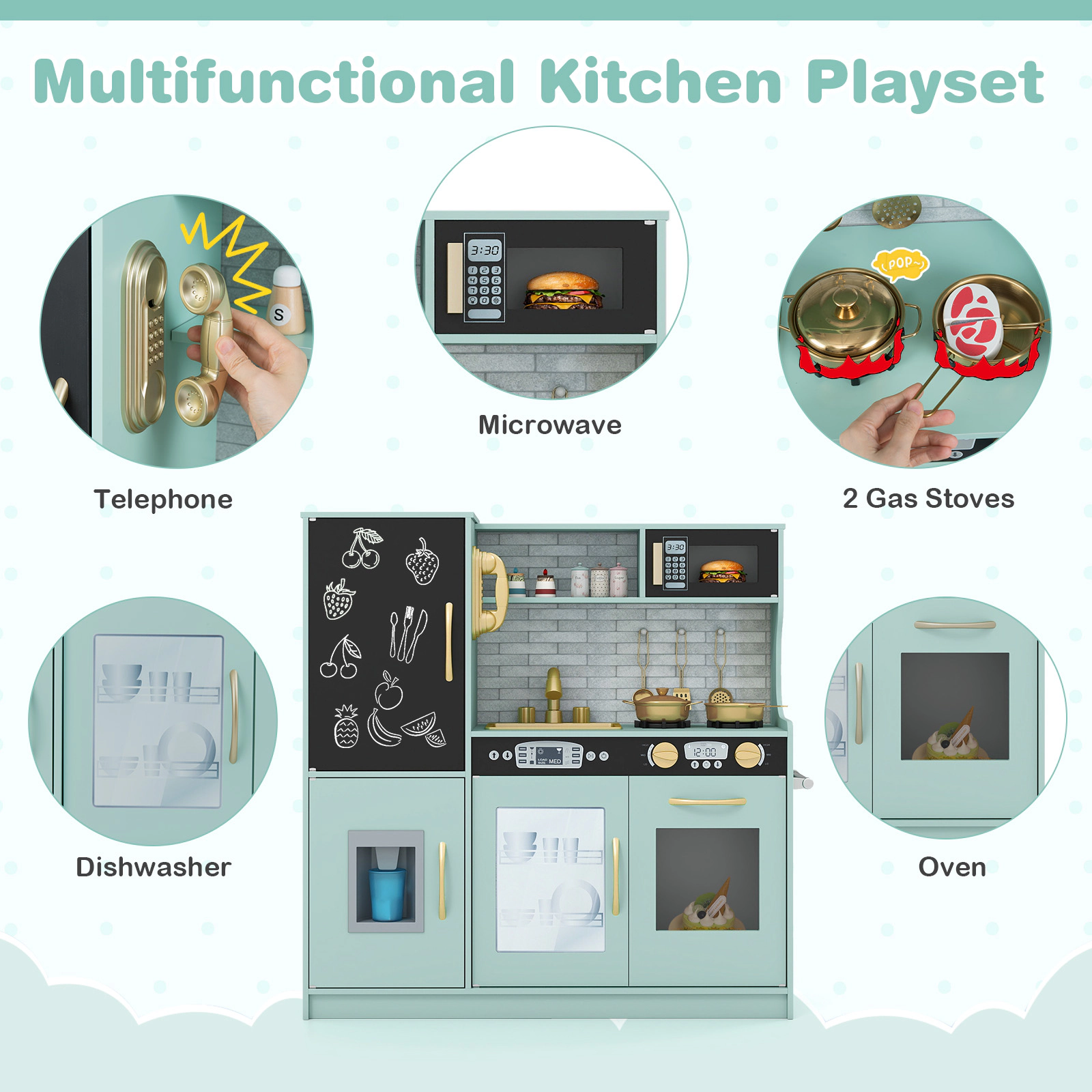 Toddler Play Kitchen Anti-Toppling Anchor Removable Sink Blackboard 32-in Slim Kitchen Playset Ages 3-6 Green