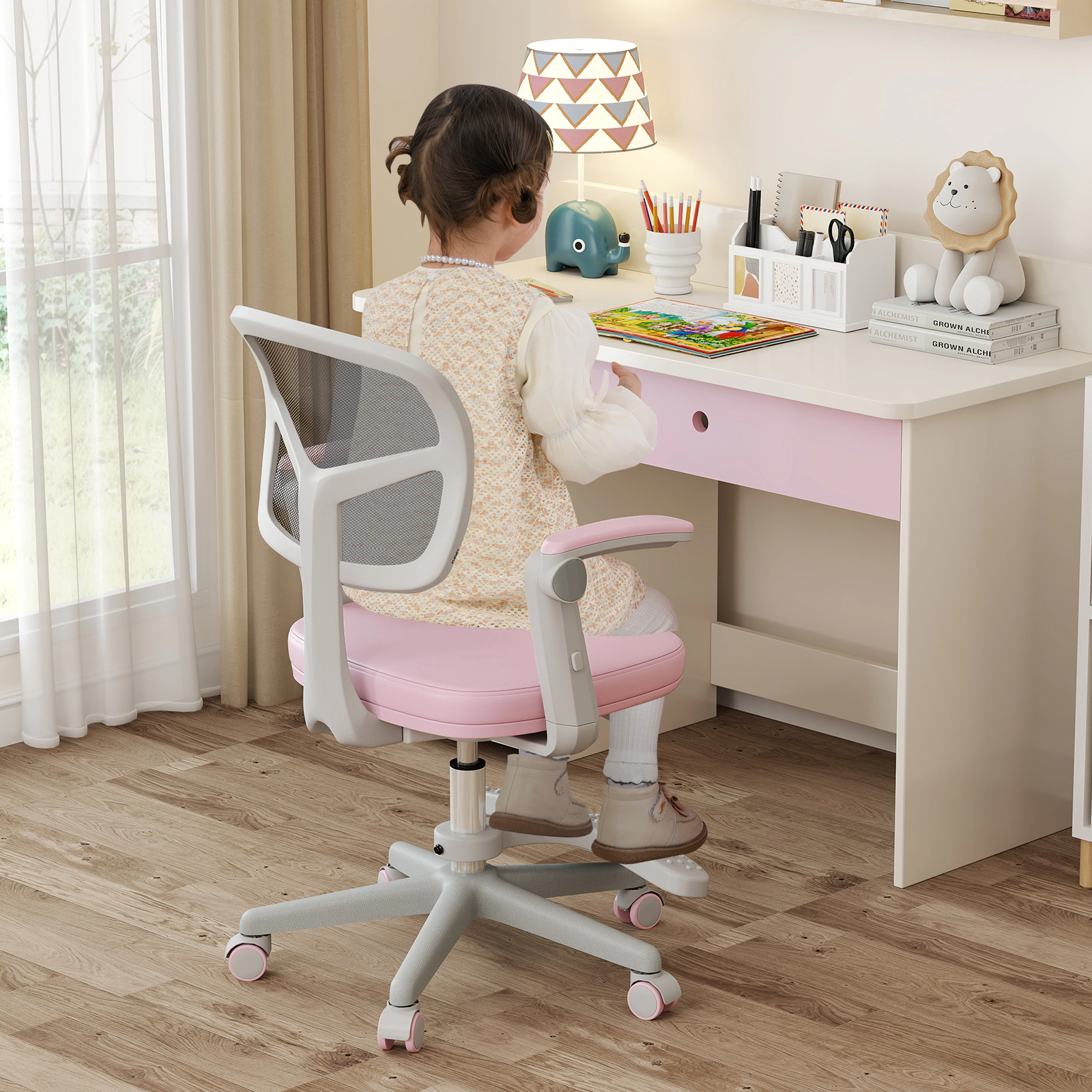 SUGIFT Adjustable Kids Study Desk Chair with Swivel Seat Armrests & Footrest 330-lb Capacity 22.5 x 21.5 x 31.5 in Pink