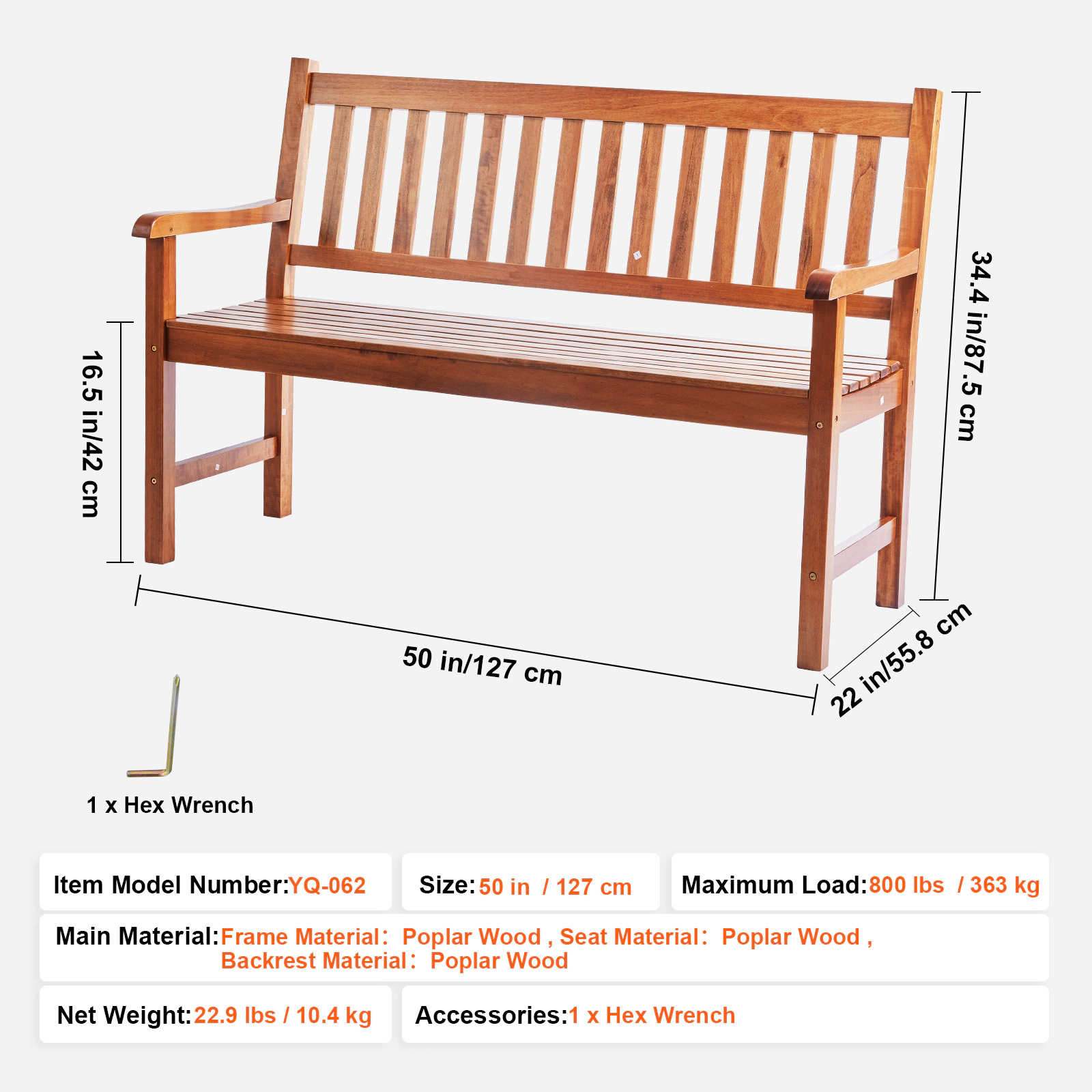 HONGGE Outdoor Bench Wood Garden Bench for Outdoors Outdoor Garden Park Bench with Backrest and Armrests Capacity Bench
