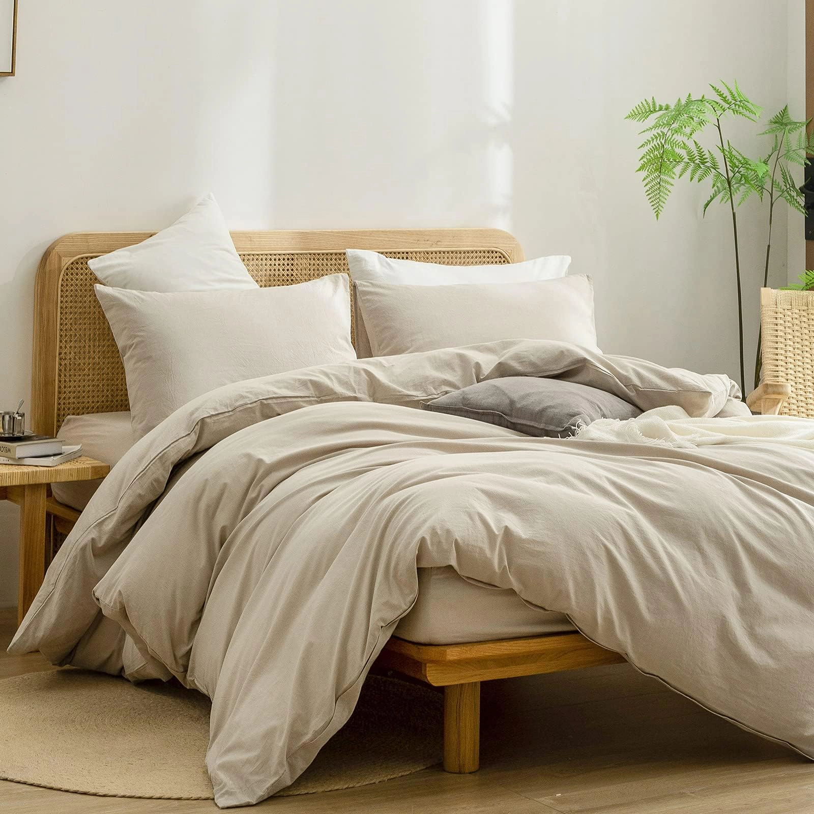 PUPWE Ton Solid Duvet Cover Set Linen Feel Almond Milk Grey
