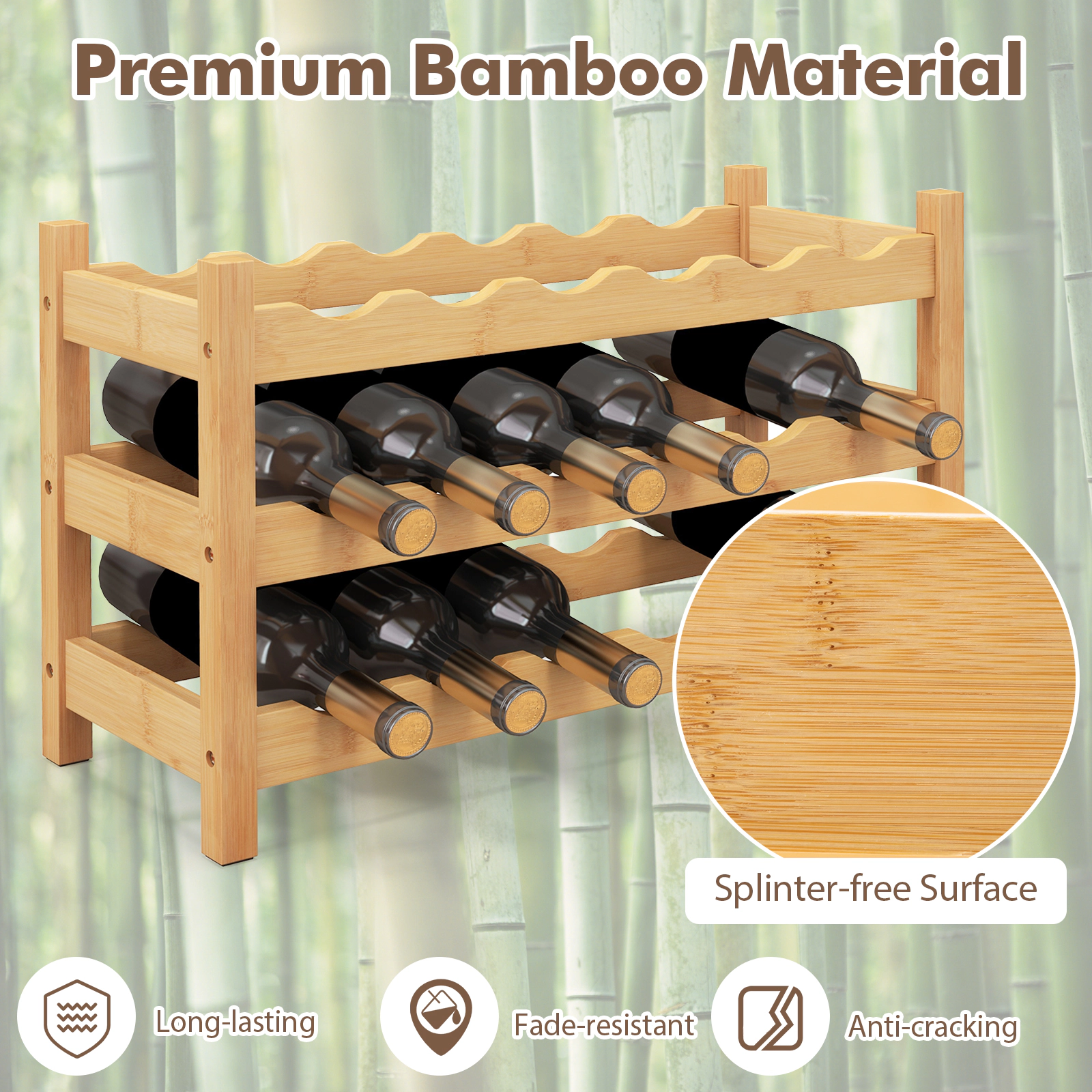 SUGIFT 3-Tier Bamboo Wine Rack Natural Freestanding Countertop Bottle Organizer