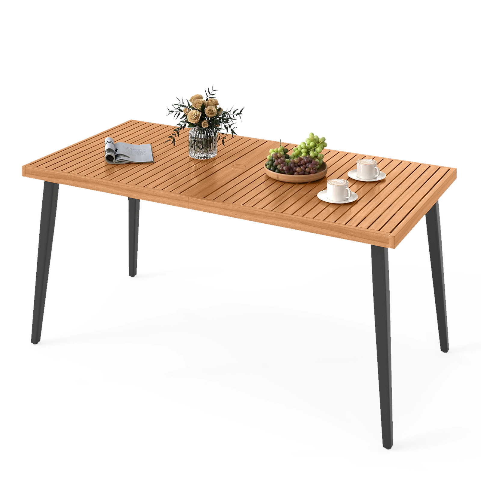 SUGIFT 63-in Acacia Wood Dining Table for 6, Indoor Outdoor Patio Table with Metal Legs and Umbrella Hole