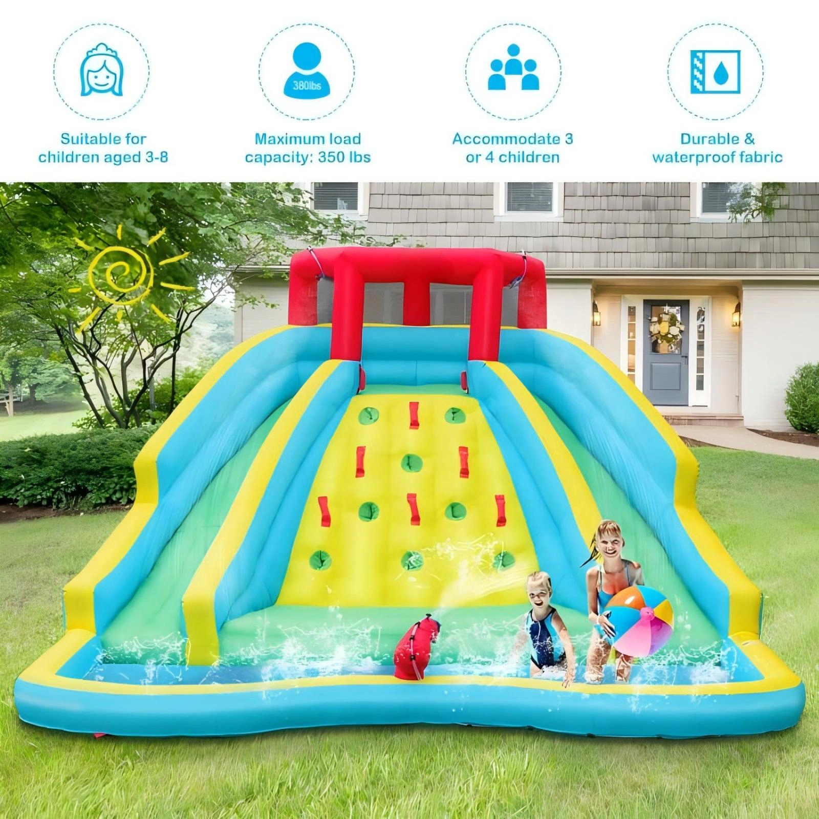 SUGIFT Double Side Inflatable Water Slide Park Bounce House with Climbing Wall 350-lb Capacity Ages 3-8 178-in Long