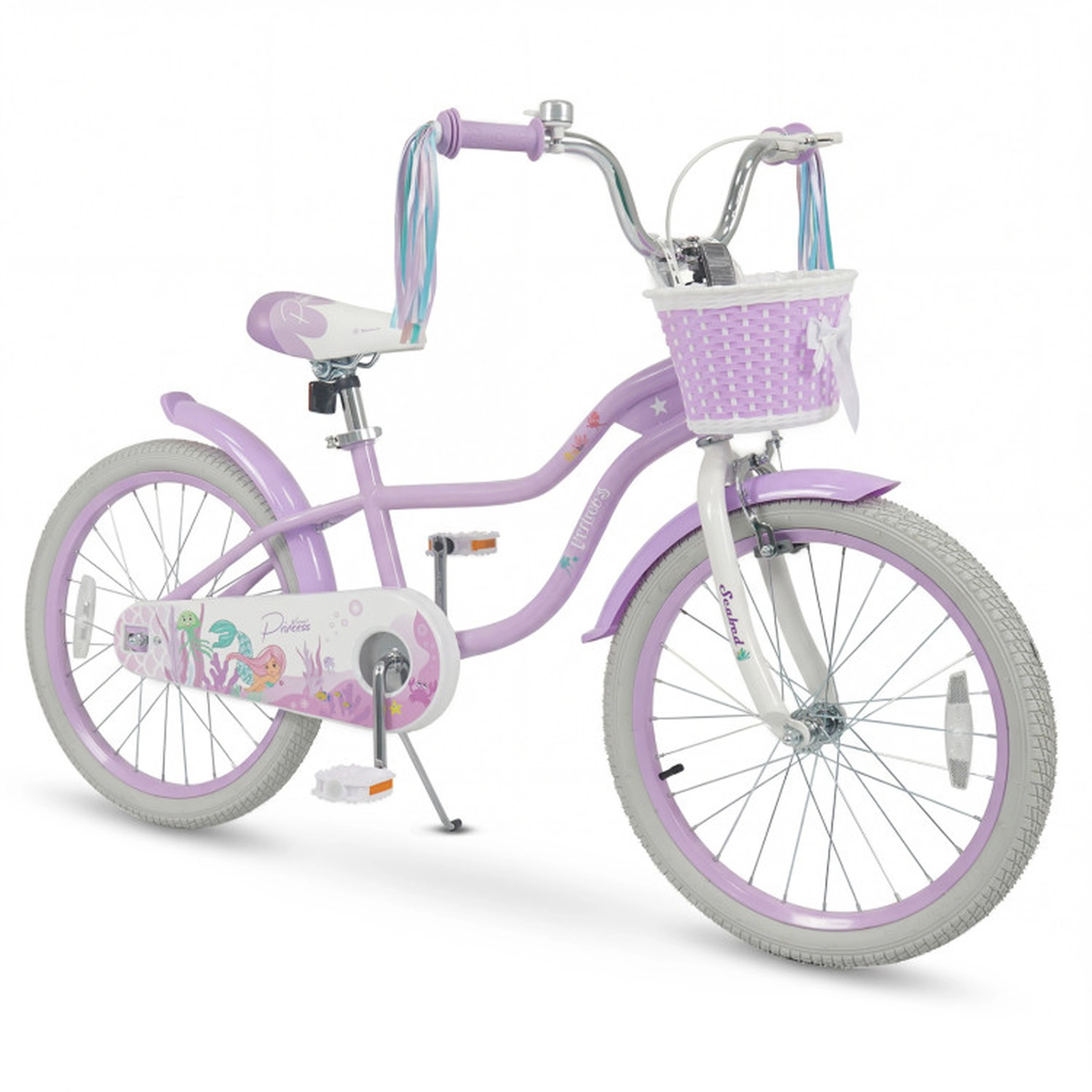 SUGIFT Purple Storage Basket Streamers and Mermaid Graphics Kids Bike
