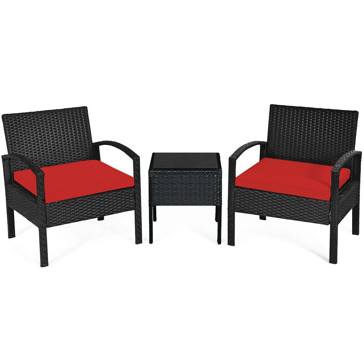 SUGIFT Red Seat Cushions and Side Table 3-Piece Outdoor Rattan Conversation Set