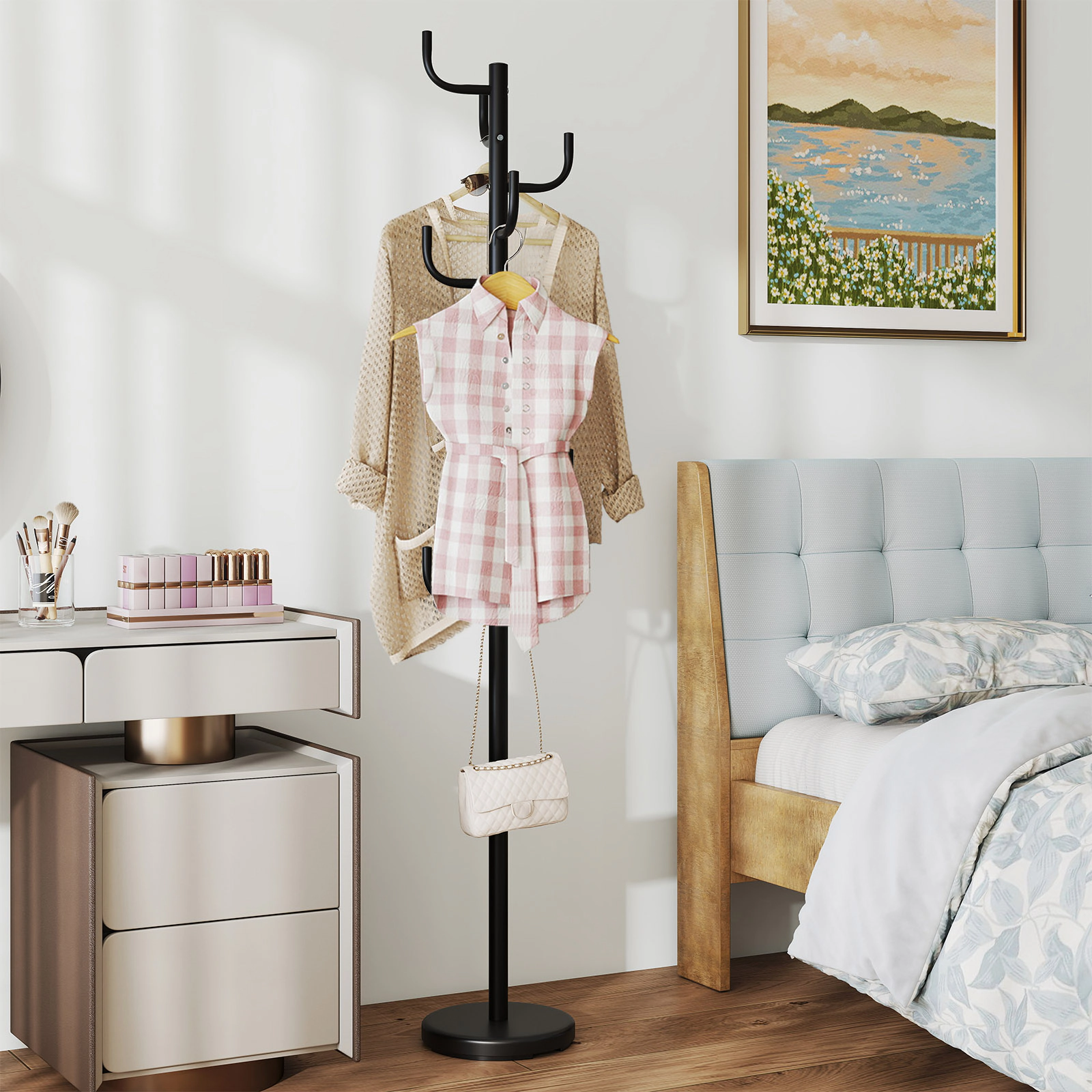 SUGIFT Black 69-in Tall Freestanding Metal Coat Rack Hat Tree with 8 Hooks and Weighted Round Base