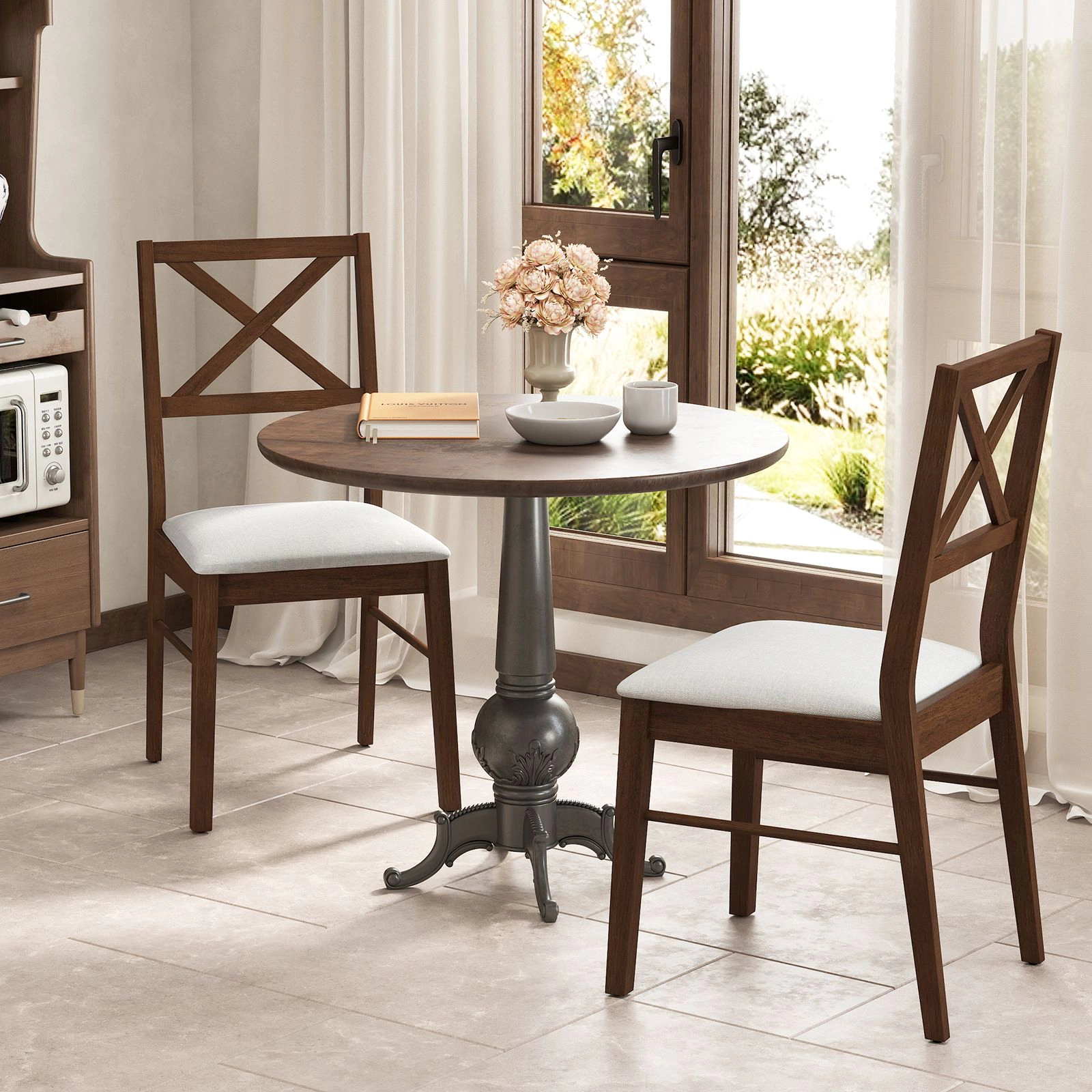 SlickBlue Brown Set of 2 Fabric Dining Chairs Rubber Wood Frame Kitchen Side Chairs