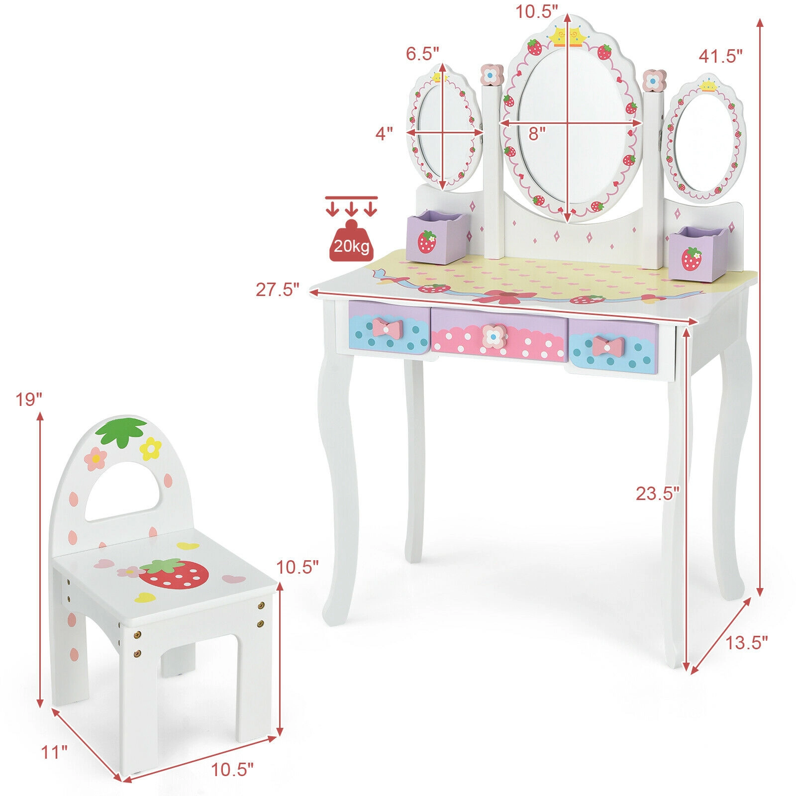 SUGIFT Kids Vanity Table and Chair Set, Tri-Fold Mirror, 3 Drawers, Detachable Top