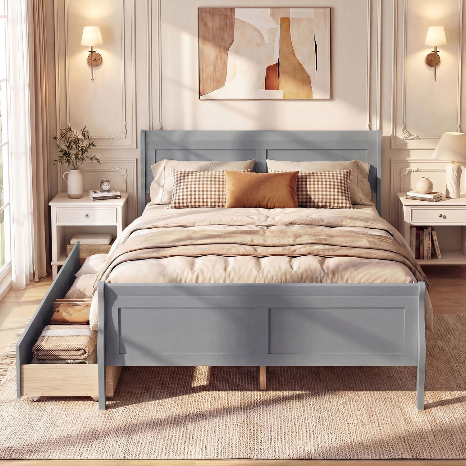 LJG Full Bed Frame with 2 Storage Drawers and Footboard for Kids Teens Adults