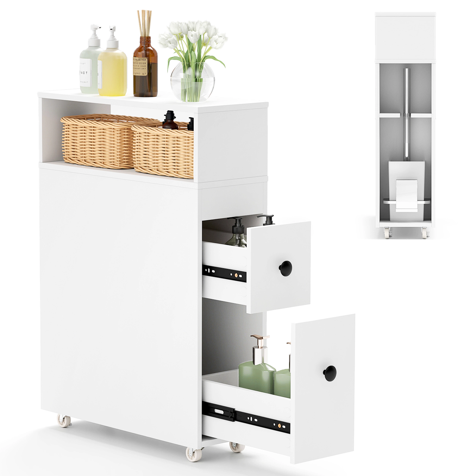 Slickblue White Narrow Bathroom Storage Cabinet with Wheels and Removable Baskets