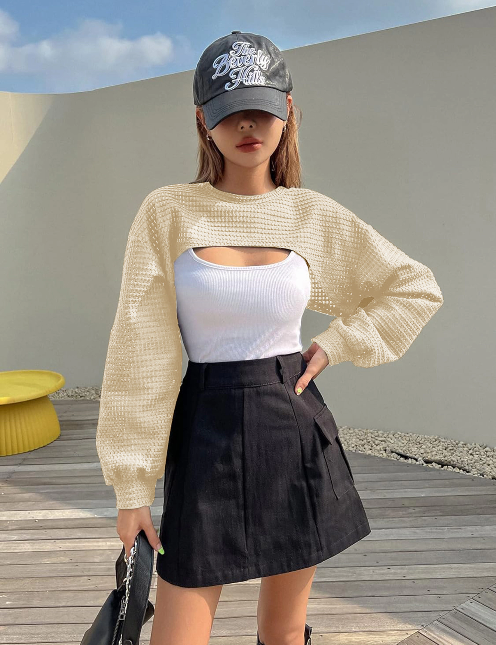 KOJOOIN Women's Knitted Cropped Top Long Sleeve Hollow Out Shrug Sweater Y2K Knit Cover Up Tops
