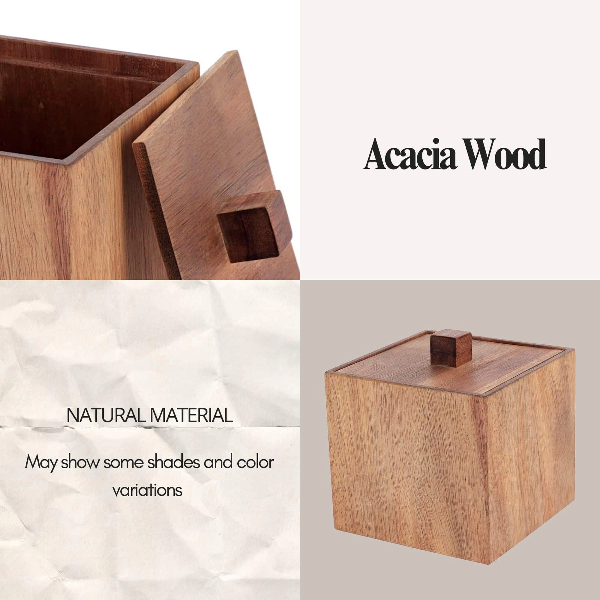Evideco French Home Goods Acacia Wood Square Storage Box with Lid, 4 in