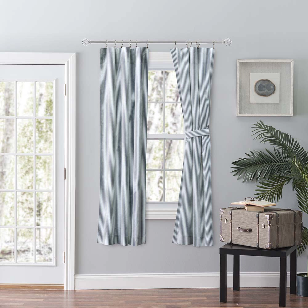 Ellis Curtain Plaza Classic Ticking Stripe Printed on Natural Ground 3" Rod Pocket Tailored Panel Pair 56" x 63" Blue