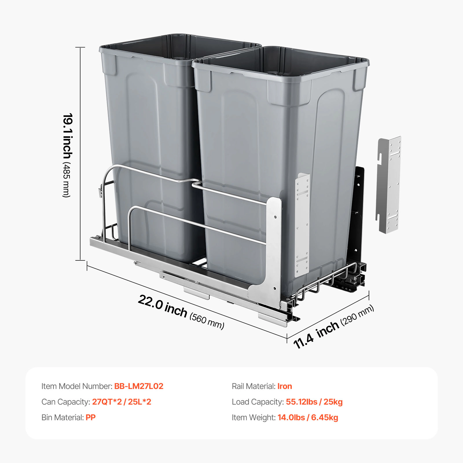 HONGGE Double Pull-Out Under-Cabinet Trash Can, Dual 27 Qt Bins with Soft-Close Slides & Door Kit, Grey