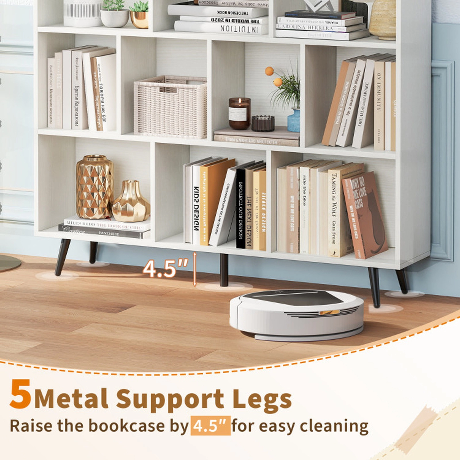 SUGIFT 10-Cube 42-in Tall Storage Bookshelf with 5 Tapered Metal Legs and 2 Anti-Tipping Kits for Bedroom