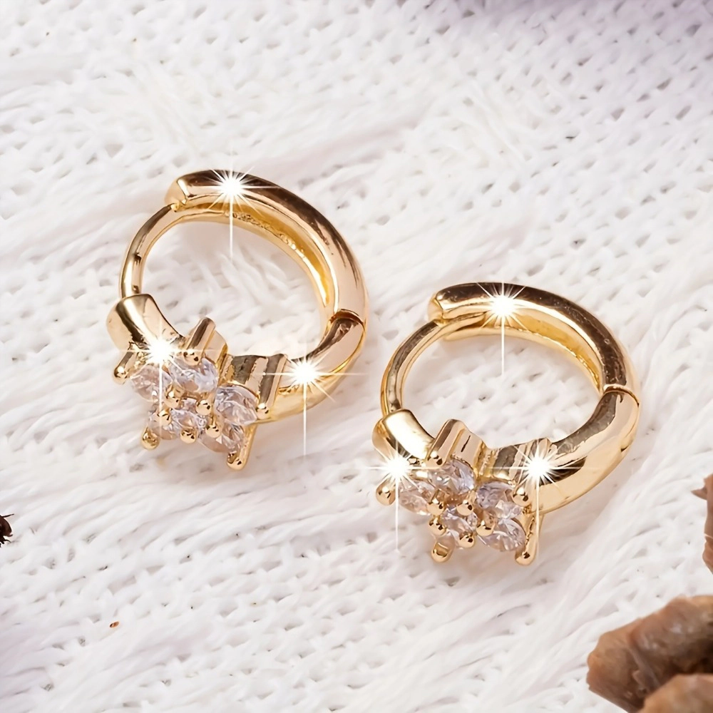 Tone Sparkling Crystal Flower Huggie Hoop Earring