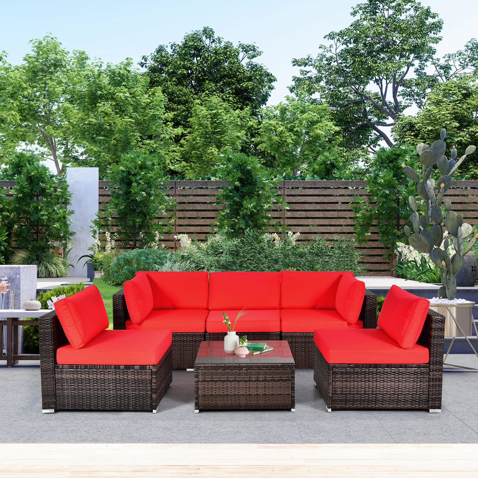 LJG 6 Pieces Patio Rattan Furniture Set with Cushions and Glass Coffee Table