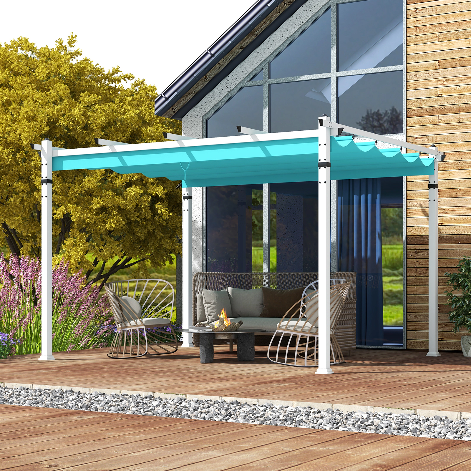 SUGIFT Outdoor Pergola Turquoise with Retractable Canopy and Aluminum Frame