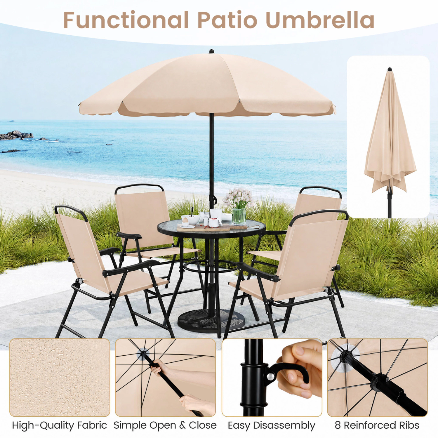 LJG 6 Pieces Patio Dining Set with Umbrella and 4 Folding Armchairs